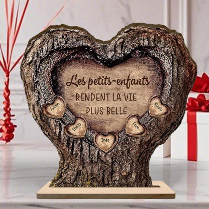 Plaque en bois personnalisée cœur-tronc avec prénoms des petits-enfants cadeau Papi et Mamie