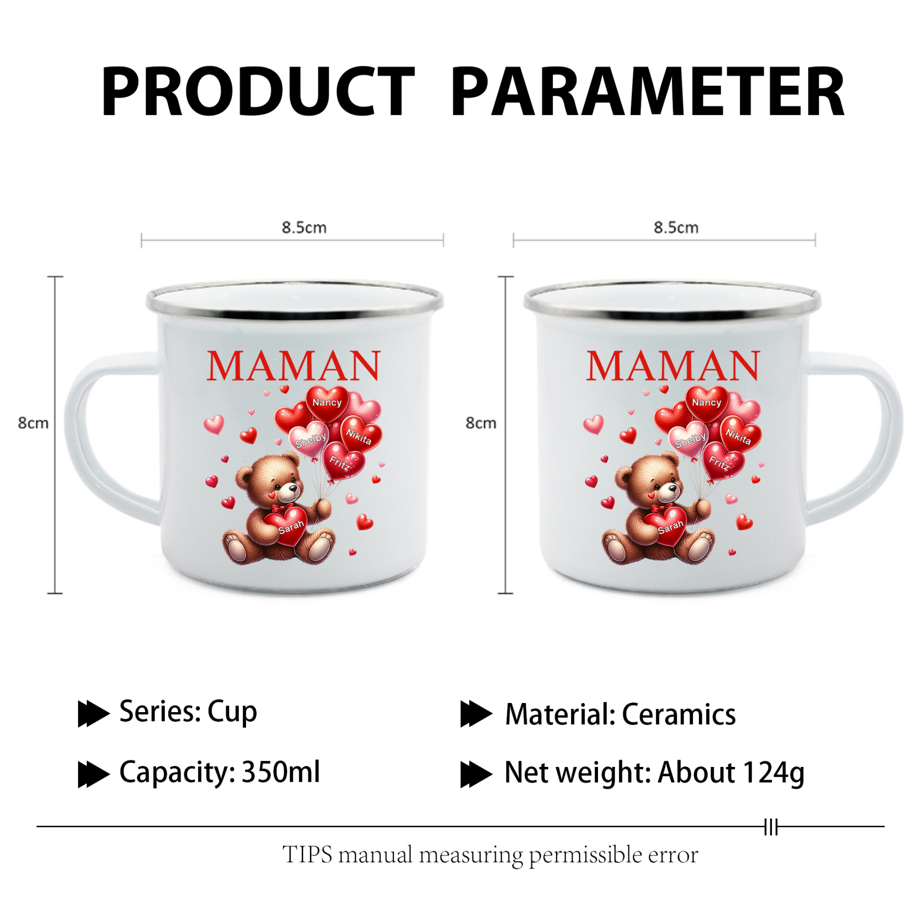 À Maman/Mamie - Tasse émaillée Ours 5 Prénoms Personnalisés