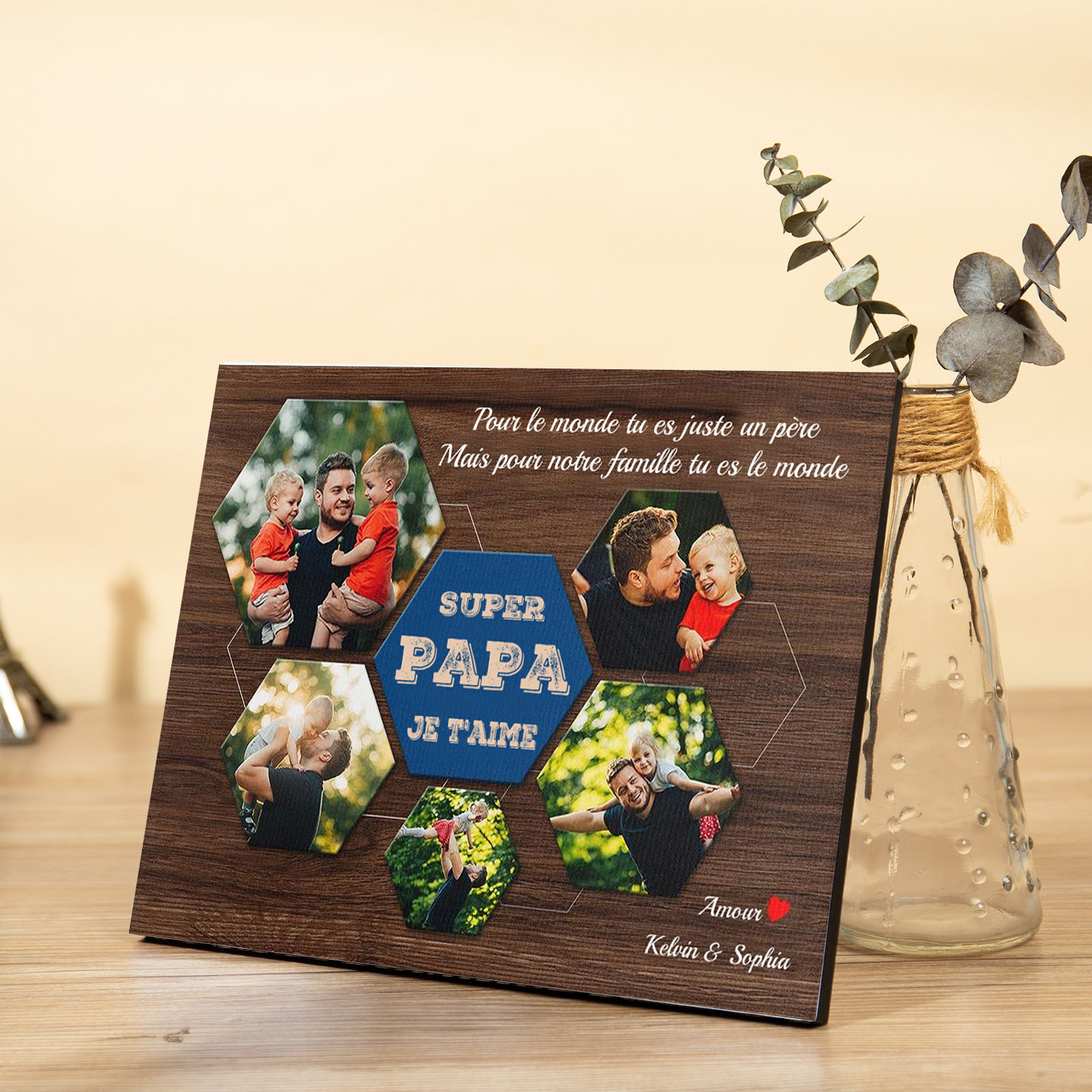 SUPER PAPA - Cadre en bois personnalisé texte avec 5 photo