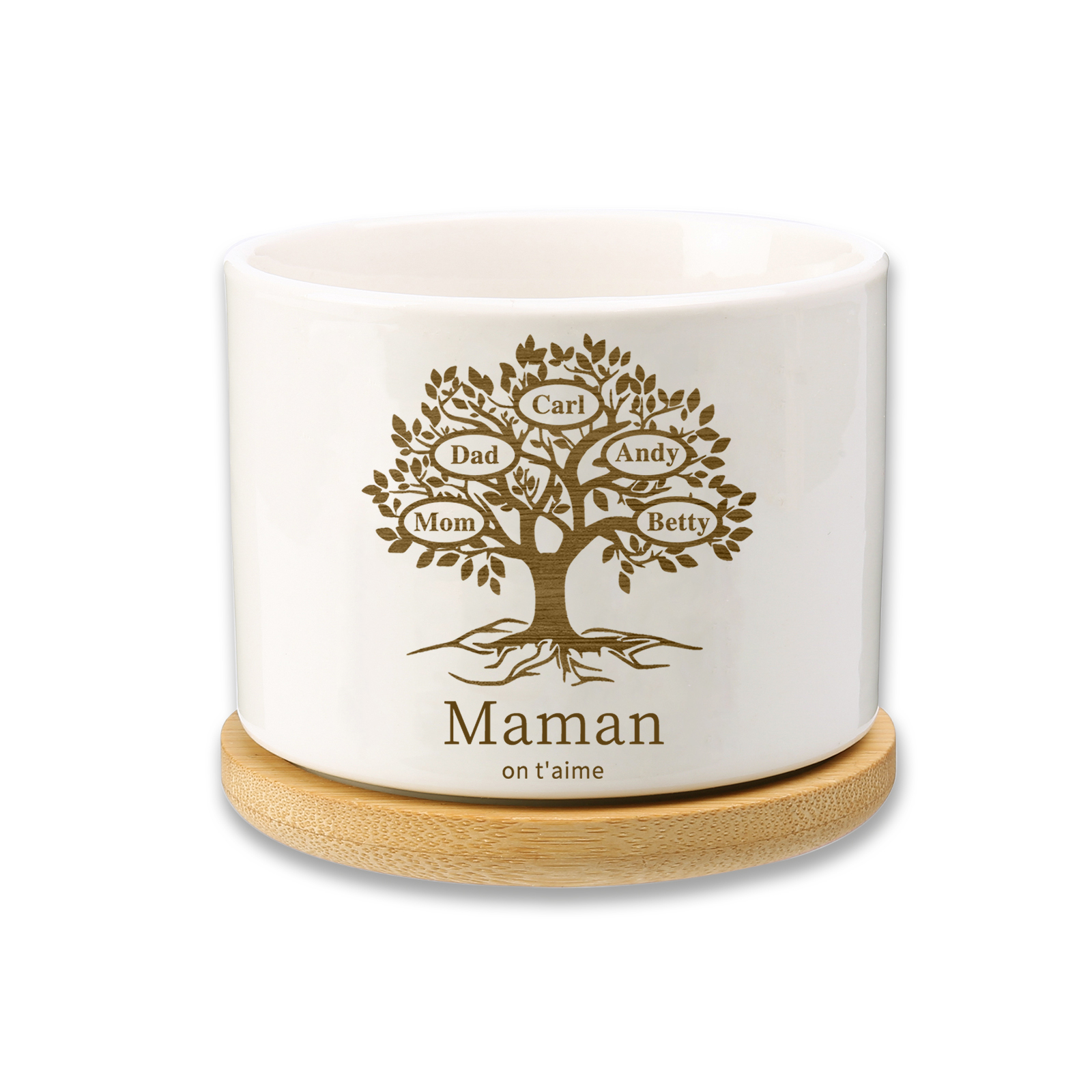 Vase/Pot de Fleurs Arbre de vie 5 Prénoms Personnalisés avec Texte Décoration de la Maison (sans plantes)