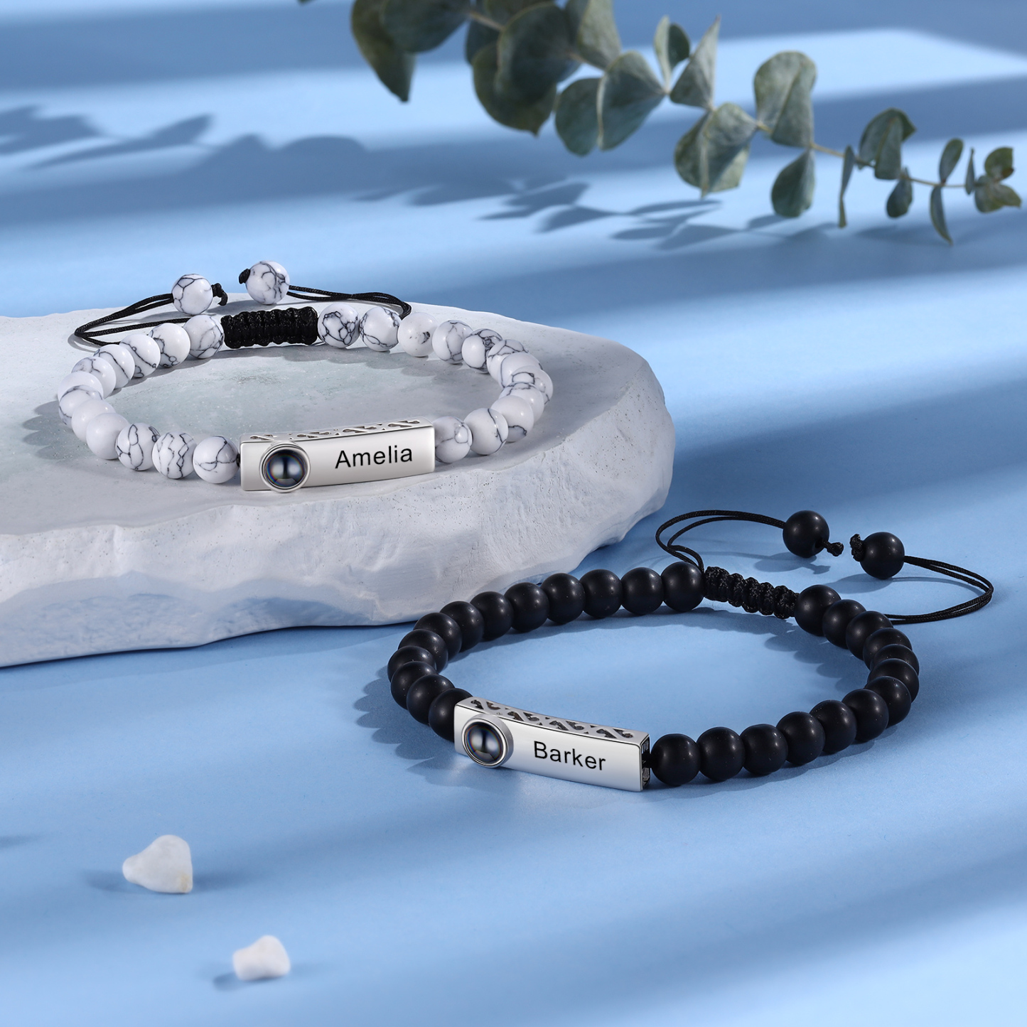 2PCS Bracelets Projection de Pierres 2 Prénoms et 1 Photo Personnalisés pour Couple