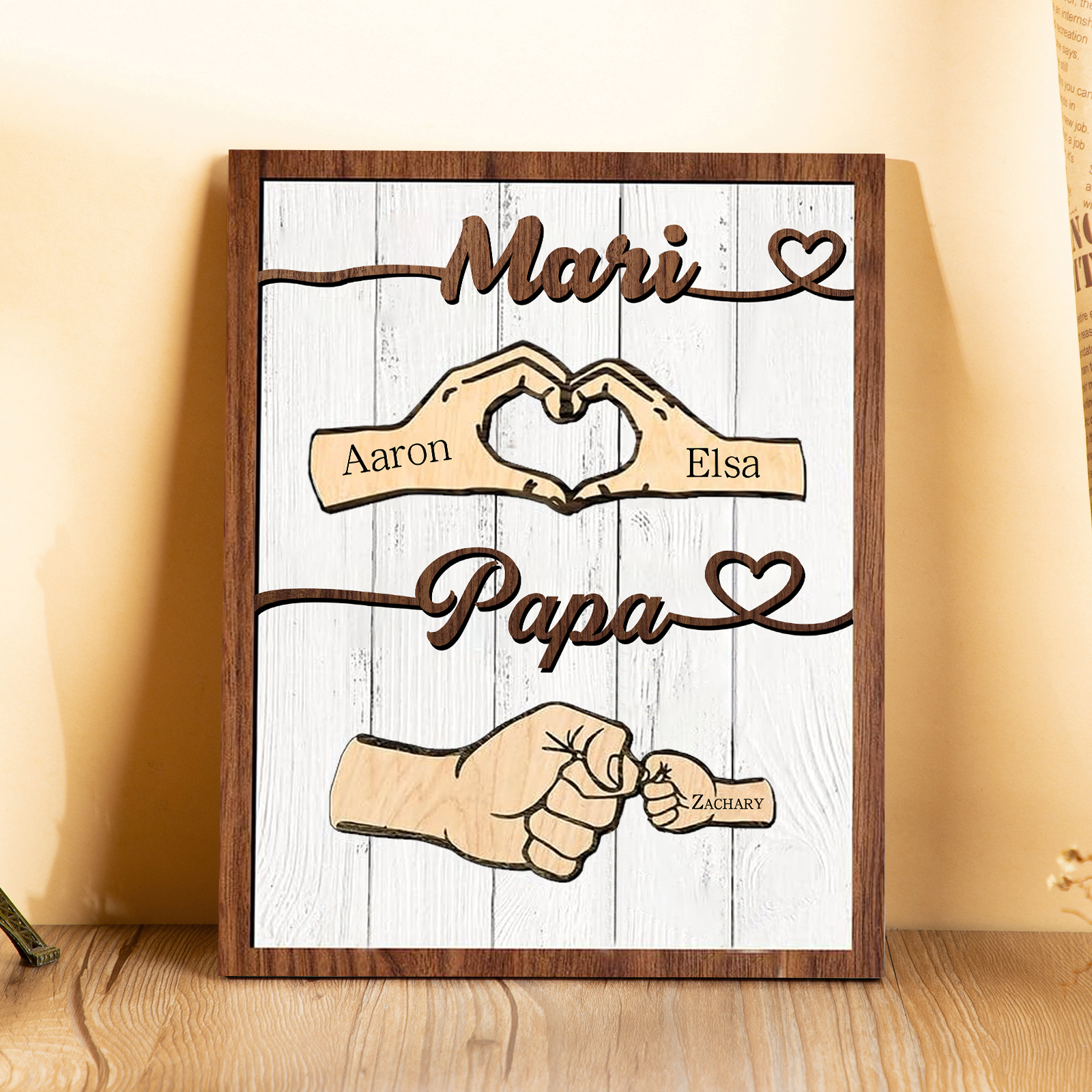 À mon Papa/Mari-Cadre en Bois Mains et Poings 3 Prénoms Personnalisés