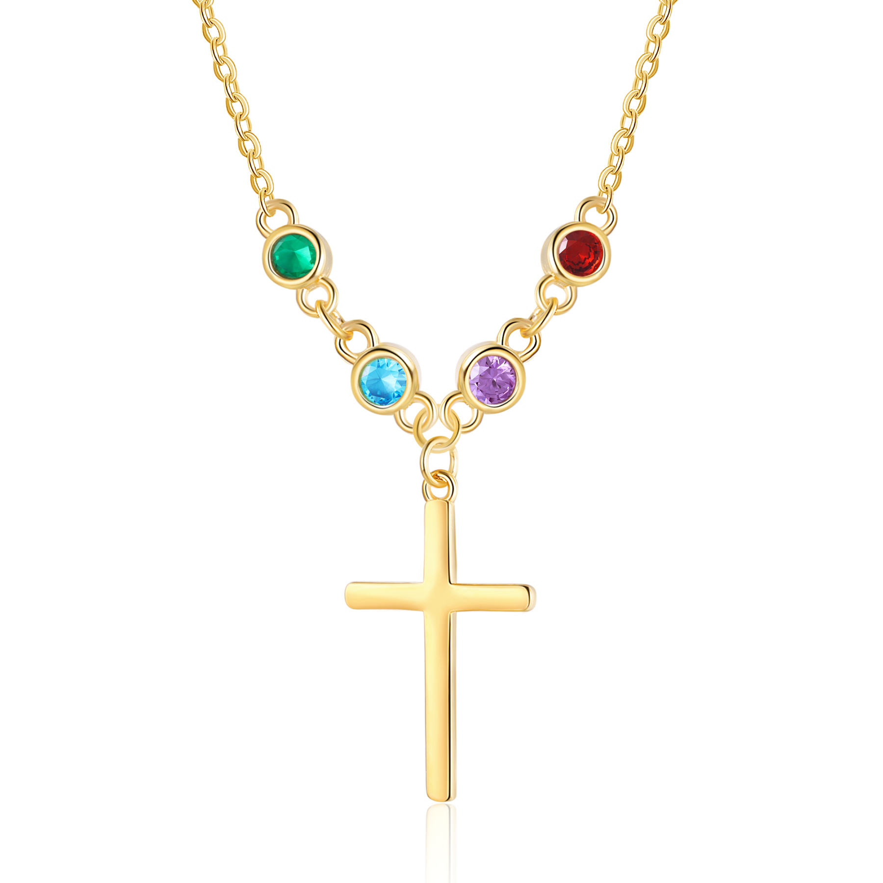 Collier Croix 4 Pierres de Naissance Personnalisés avec Texte Collier pour Femmes