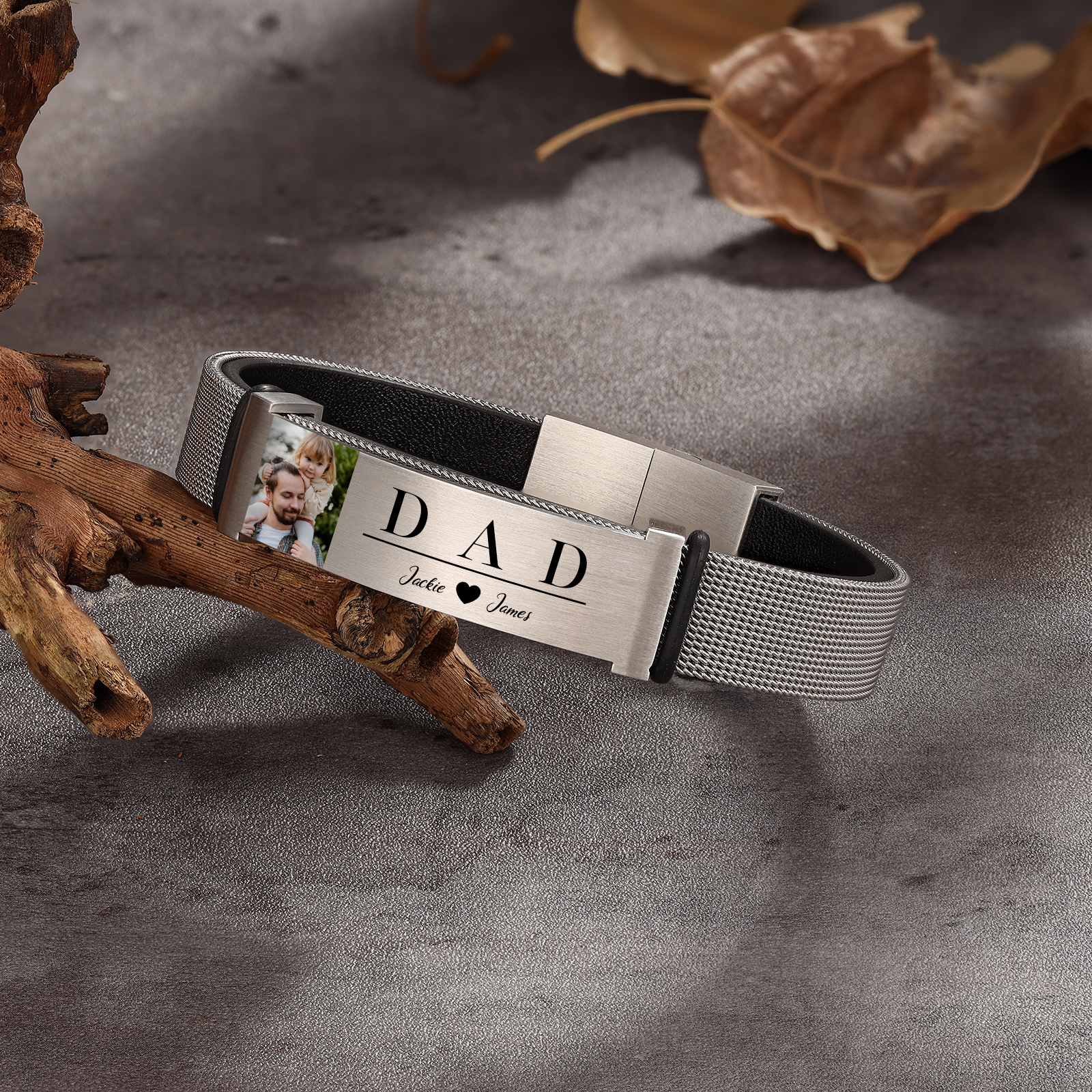 Bracelet Photo Personnalisé Pour Homme - Gravure D'un œil, Texte Personnalisé - Acier Inoxydable, Réglable - Cadeau Couple, Anniversaire