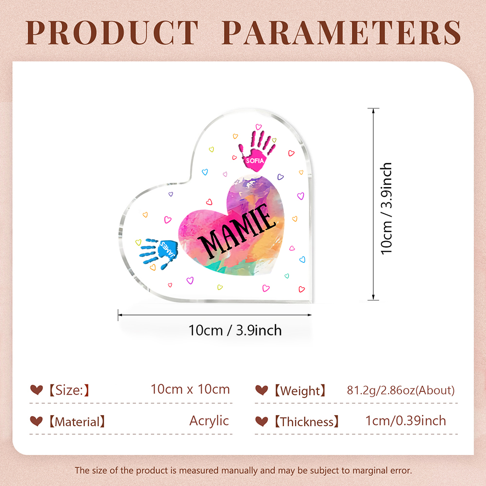 À ma Maman/Mamie - Plaque Acrylique Mains et Enfants en Forme de Cœur 3 Prénoms Personnalisés