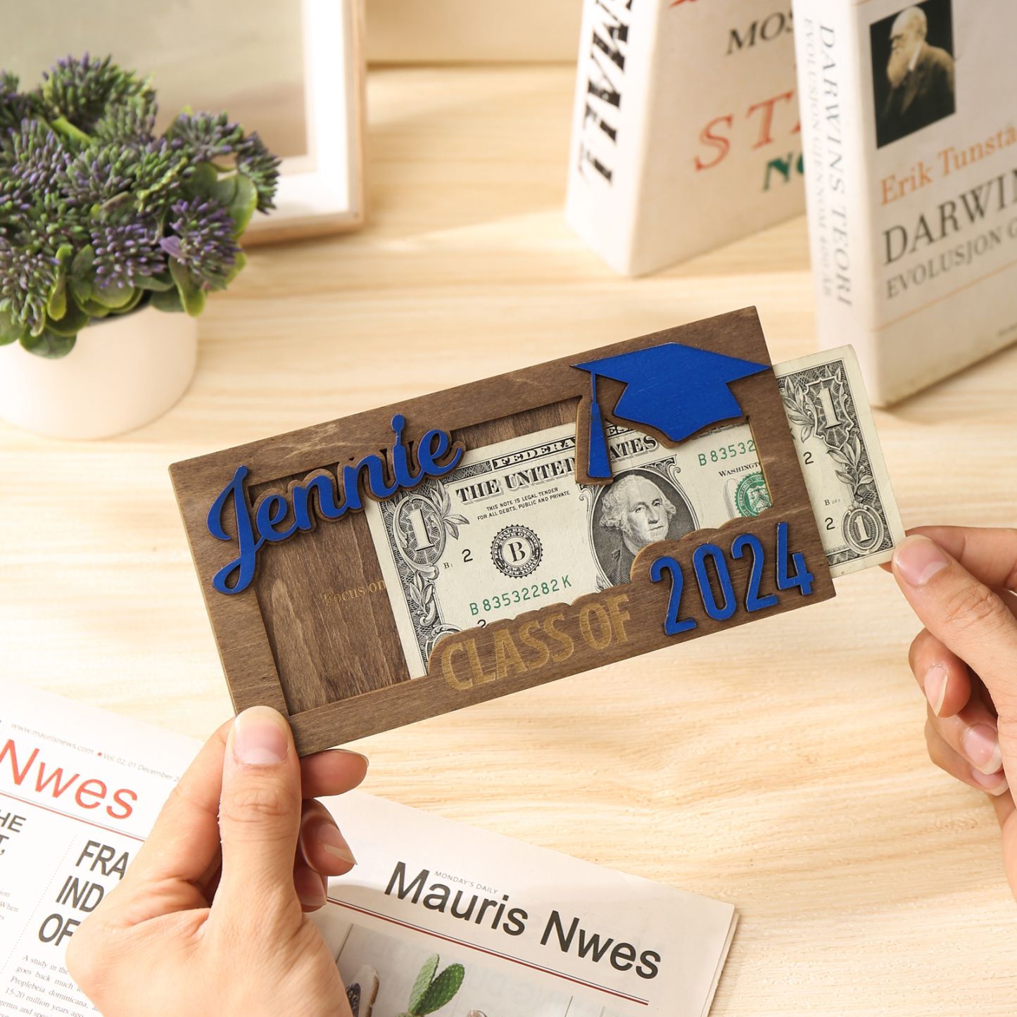 Porte-Cartes Diplômé en bois Prénom et Texte Personnalisés Cadeau de Graduation