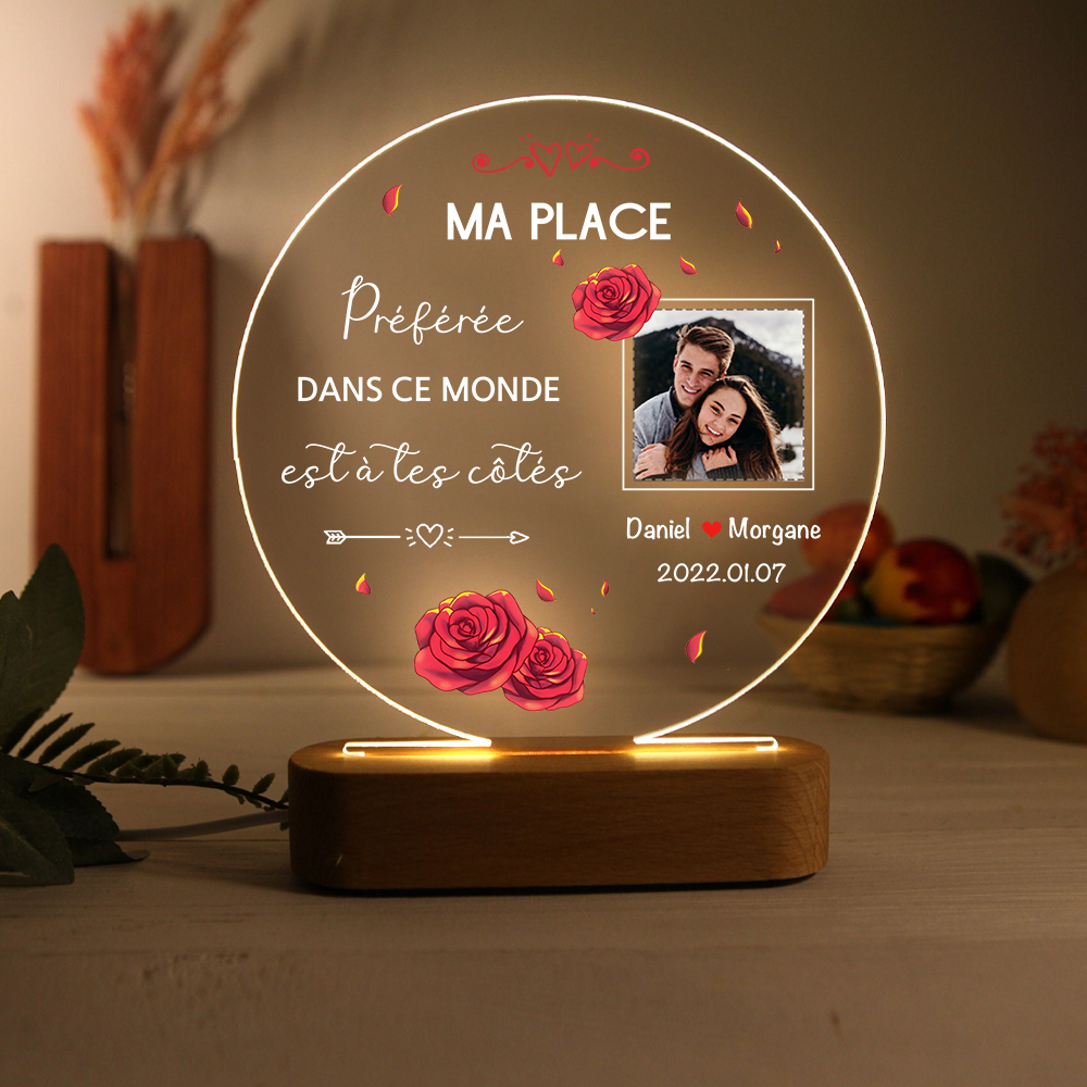 Lampe de chevet Couple LED Lumières 2 Prénoms et 1 Photo Personnalisés avec Date