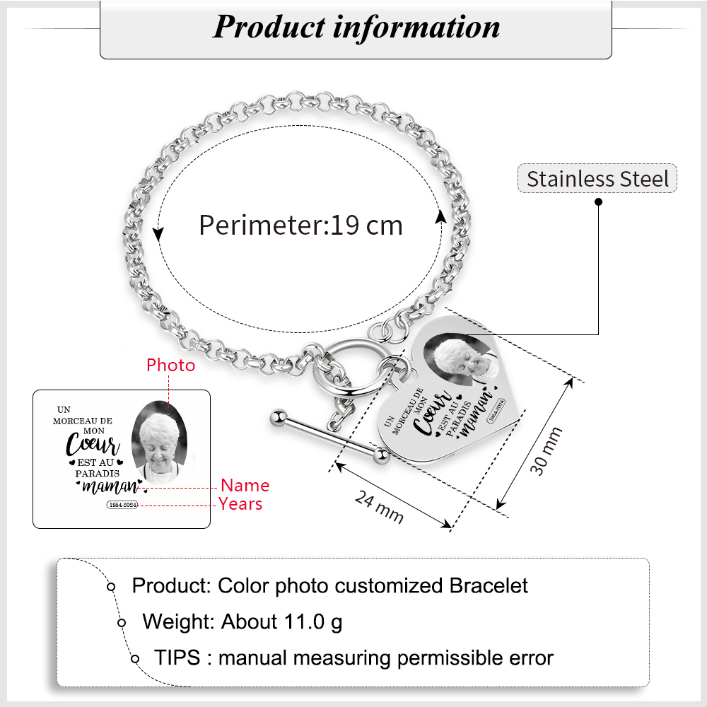 Bracelet Personnalisé en acier inoxydable avec Gravure et Photo bracelet personnalisé Coeur commémoratif｜Jessemade