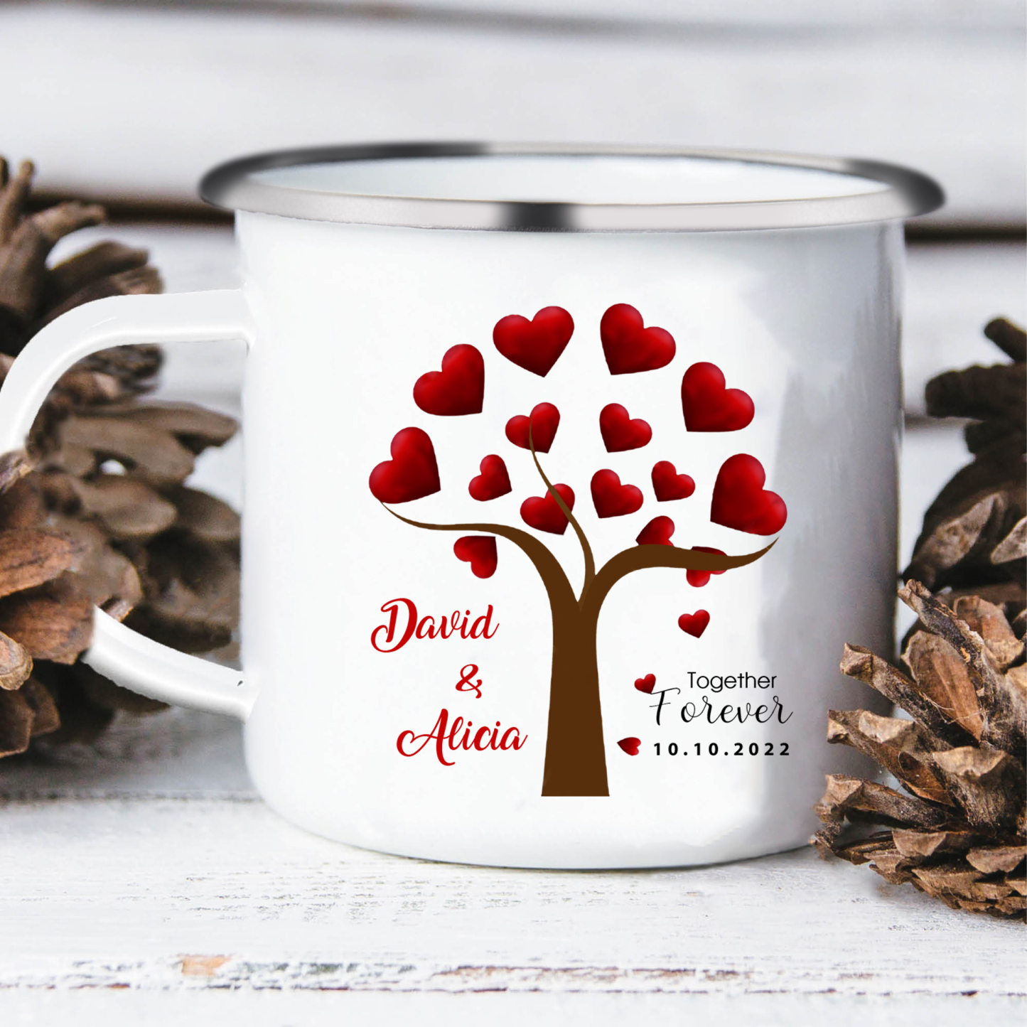 Tasse émaillée 2 Prénoms Personnalisés avec Texte et Date pour Couple