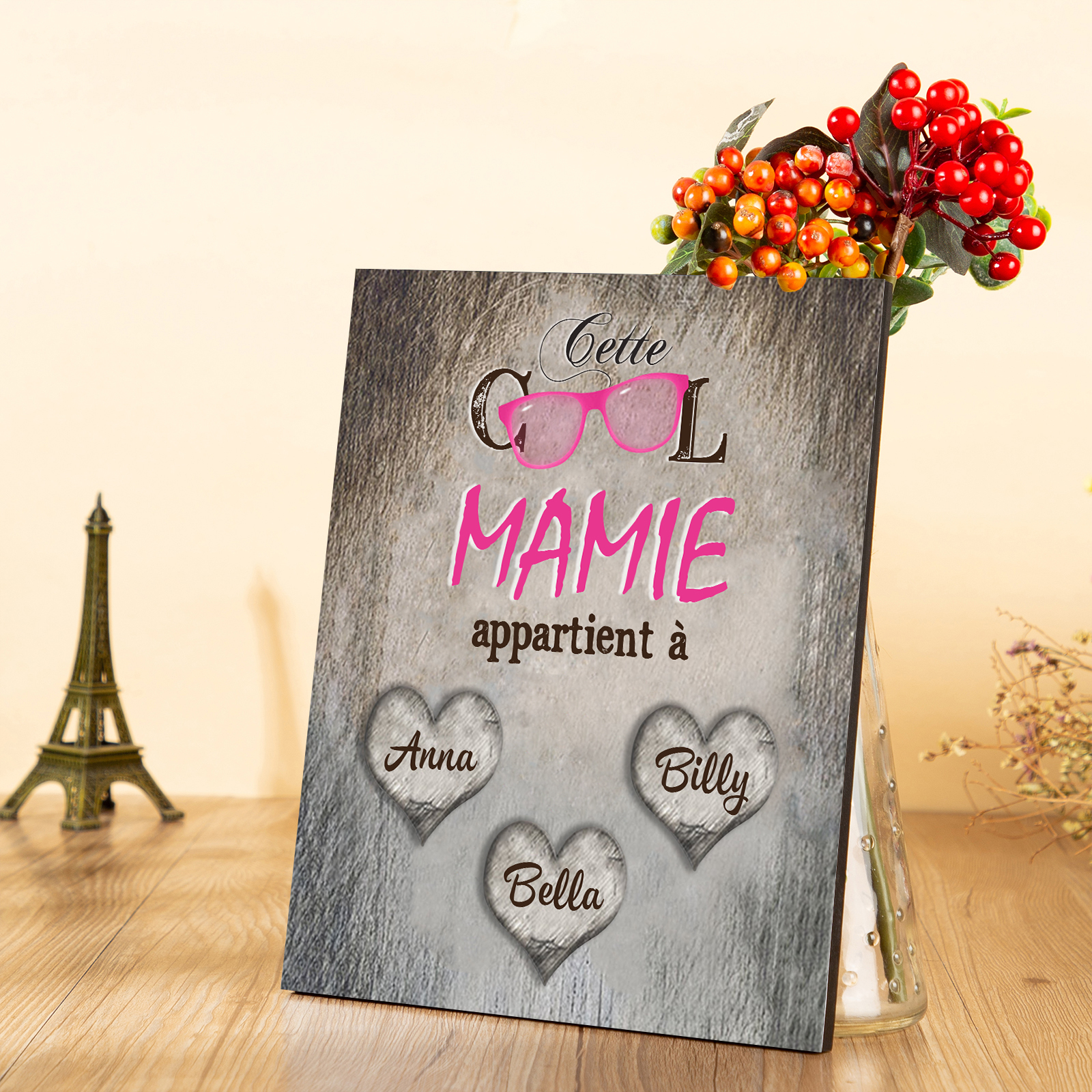 À ma Mamie - Cadre en Bois 3 Prénoms Personnalisés cadeau pour Mamie