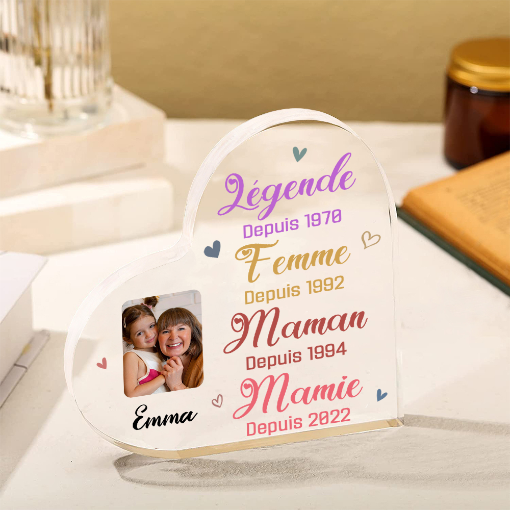 À ma Mamie - Plaque Acrylique en Forme de Cœur 1 Prénom et Photo  Personnalisés avec 4 Années
