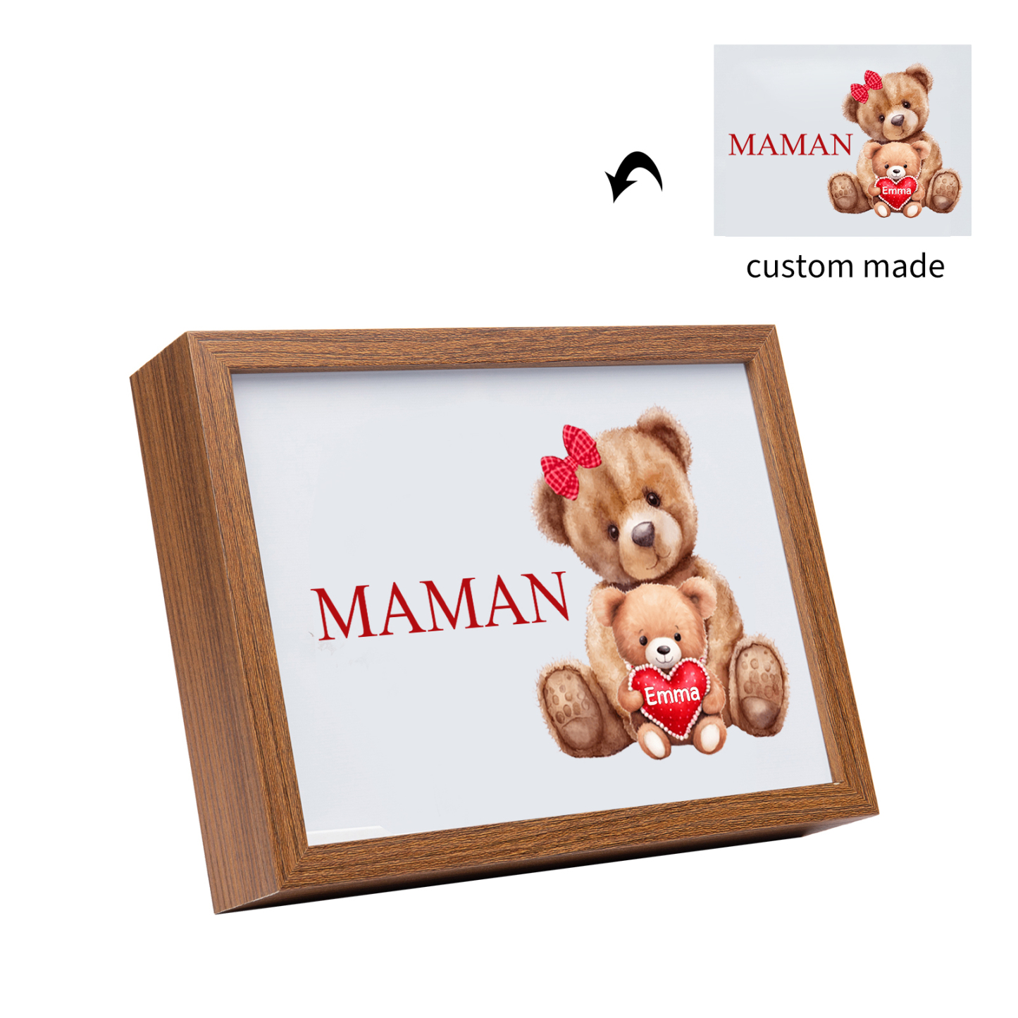 Cadre Photo LED Ours 1 Prénom Personnalisé avec 1 Texte Décoration Famille