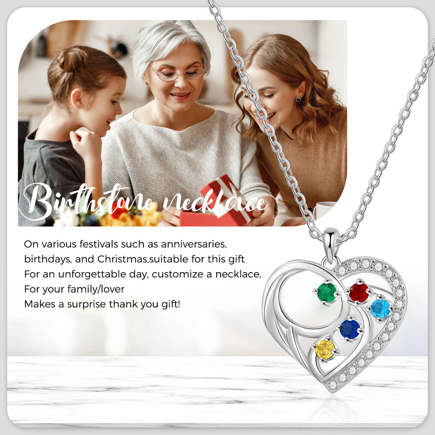 Collier Cœur 5 Pierres de Naissance
