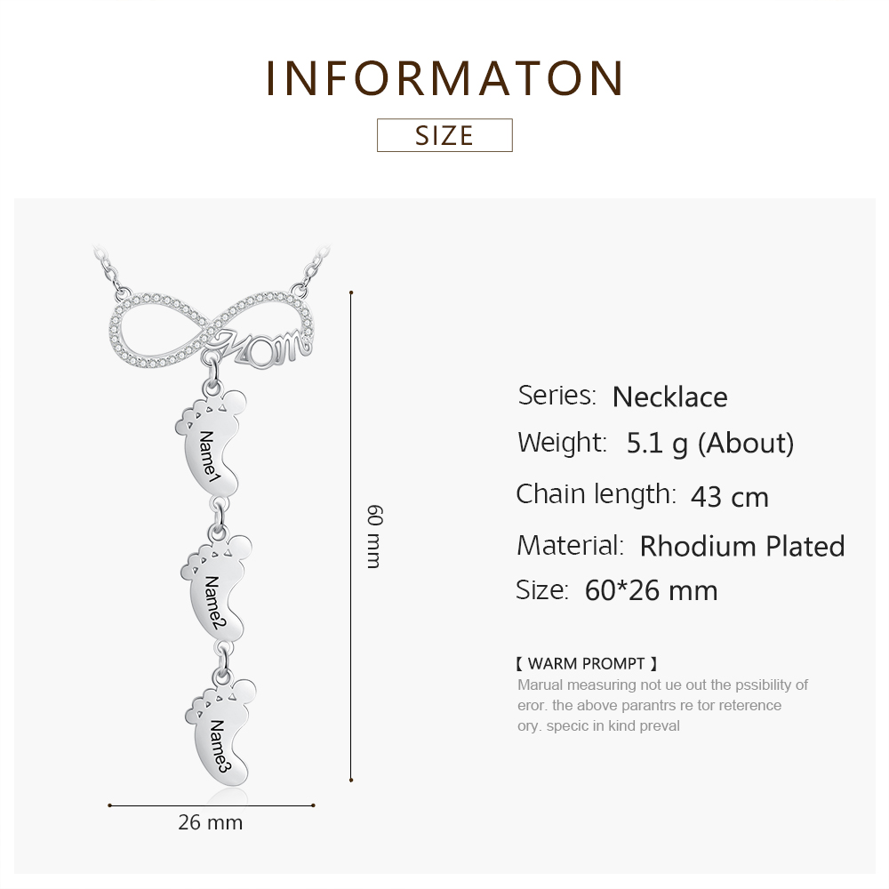 Collier Pieds Bébé 3 Prénoms Personnalisés Collier Infini pour Maman