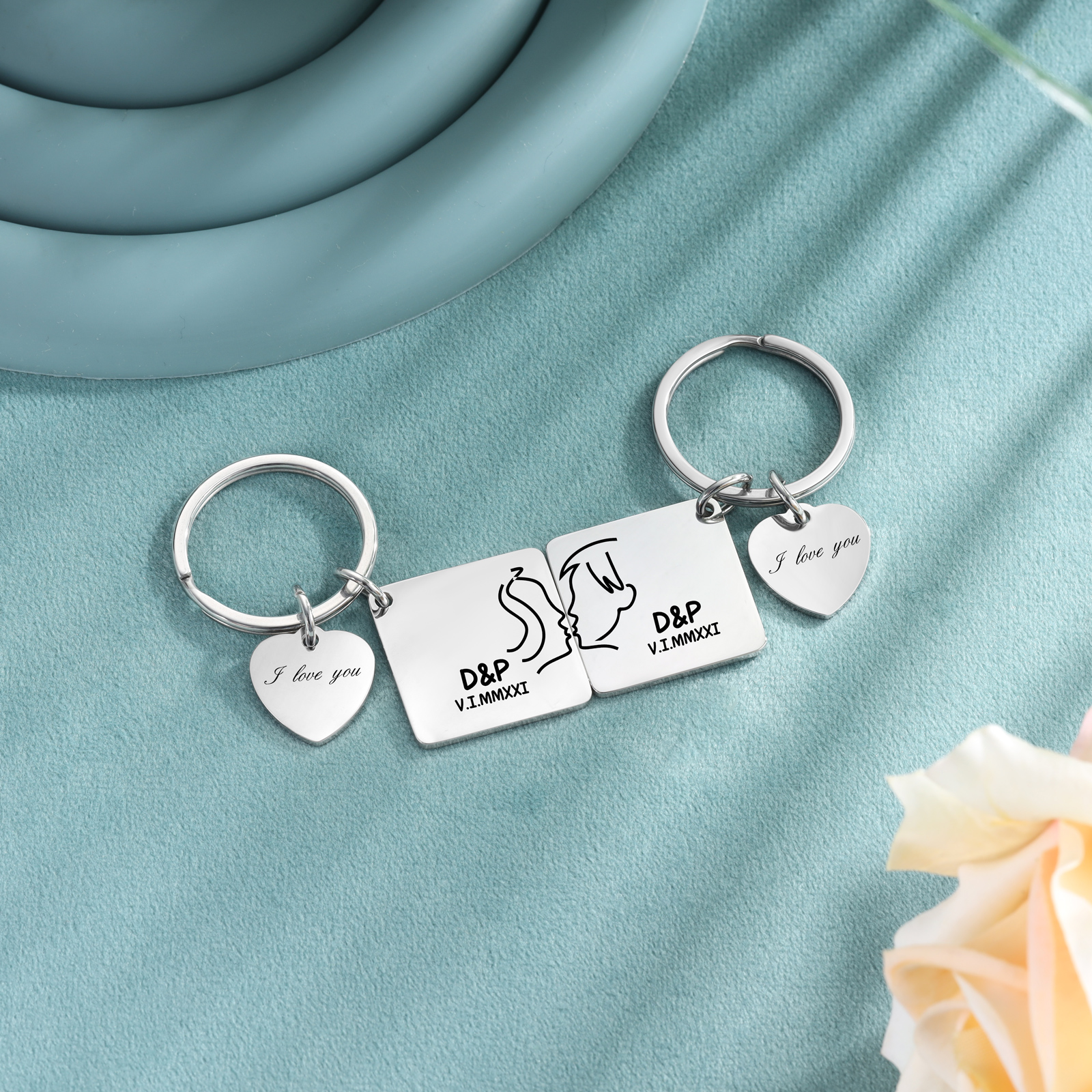 Porte-Clés Cœur 2 Prénoms Personnalisé avec date et 2 lettres | Jessemade