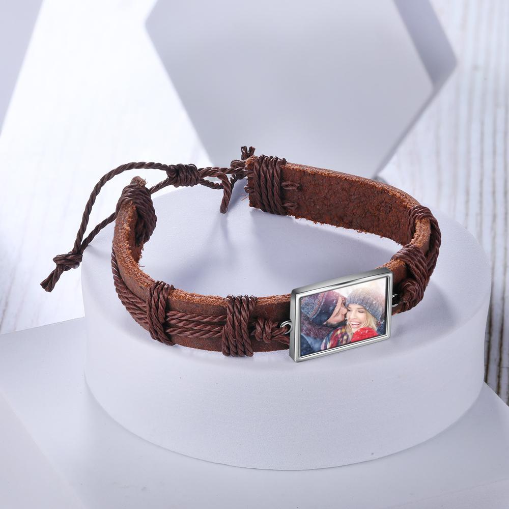 Bracelet Photo Personnalisée Cuir Tressé pour Couple Noeud Coulissant