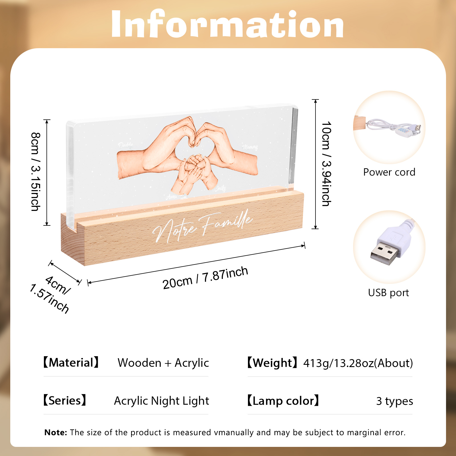 À ma Famille- Lampe de chevet LED la Main dans la Main 5 Prénoms Personnalisés avec Texte