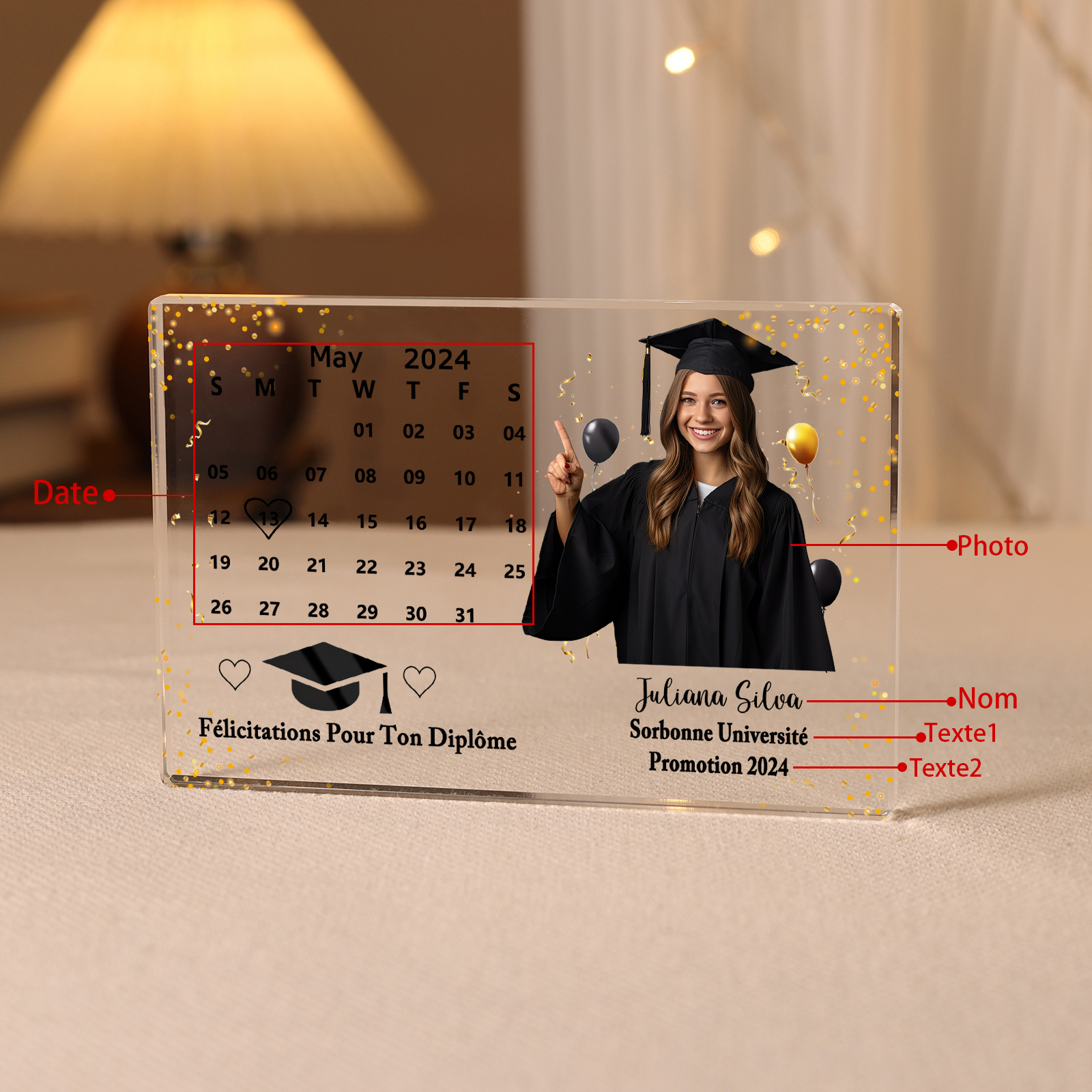 Plaque Acrylique Rectangle Diplômés Prénom et Photo Personnalisés avec Date et 2 Textes Cadeau de Graduation