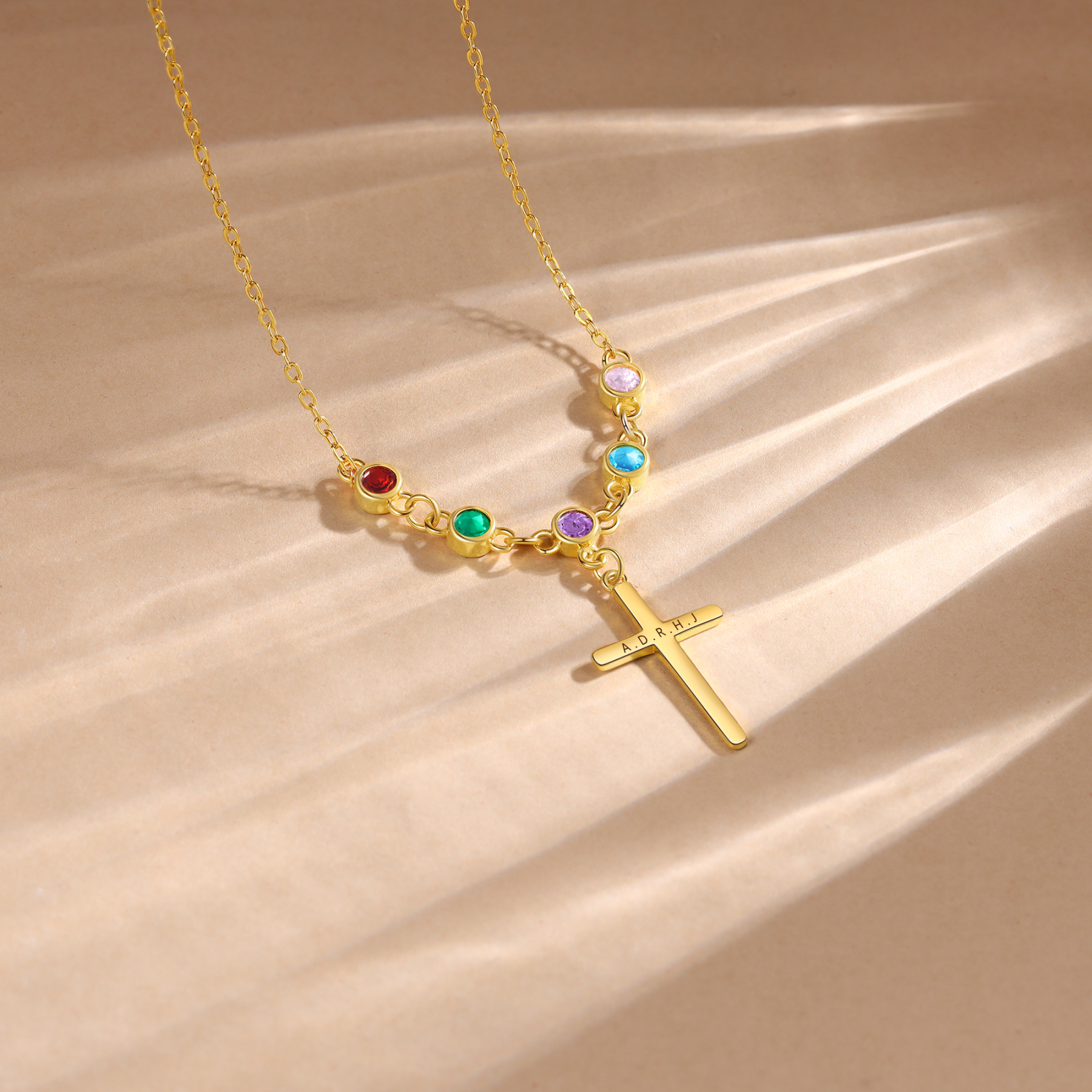 Collier Croix 5 Pierres de Naissance Personnalisés avec Texte Collier pour Femmes