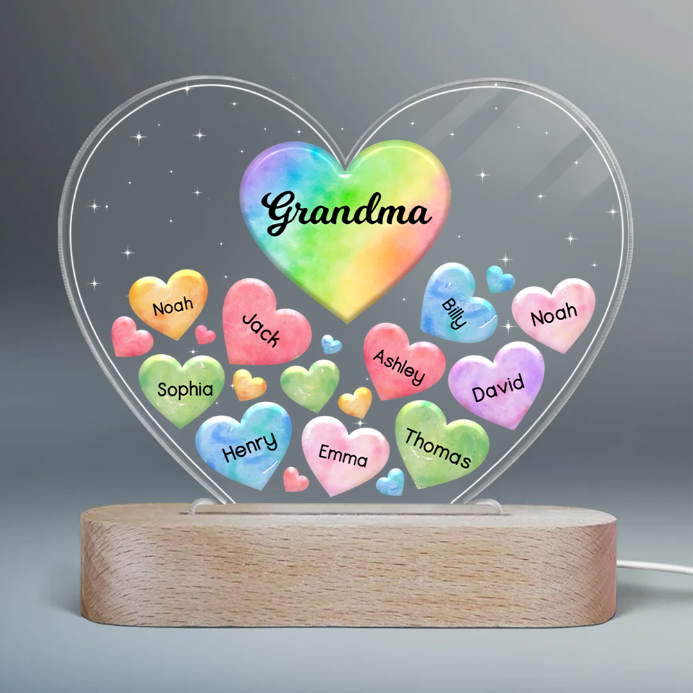 À Maman/Mamie - Lampe de chevet LED Cœurs 10 Prénoms Personnalisés avec 1 Texte