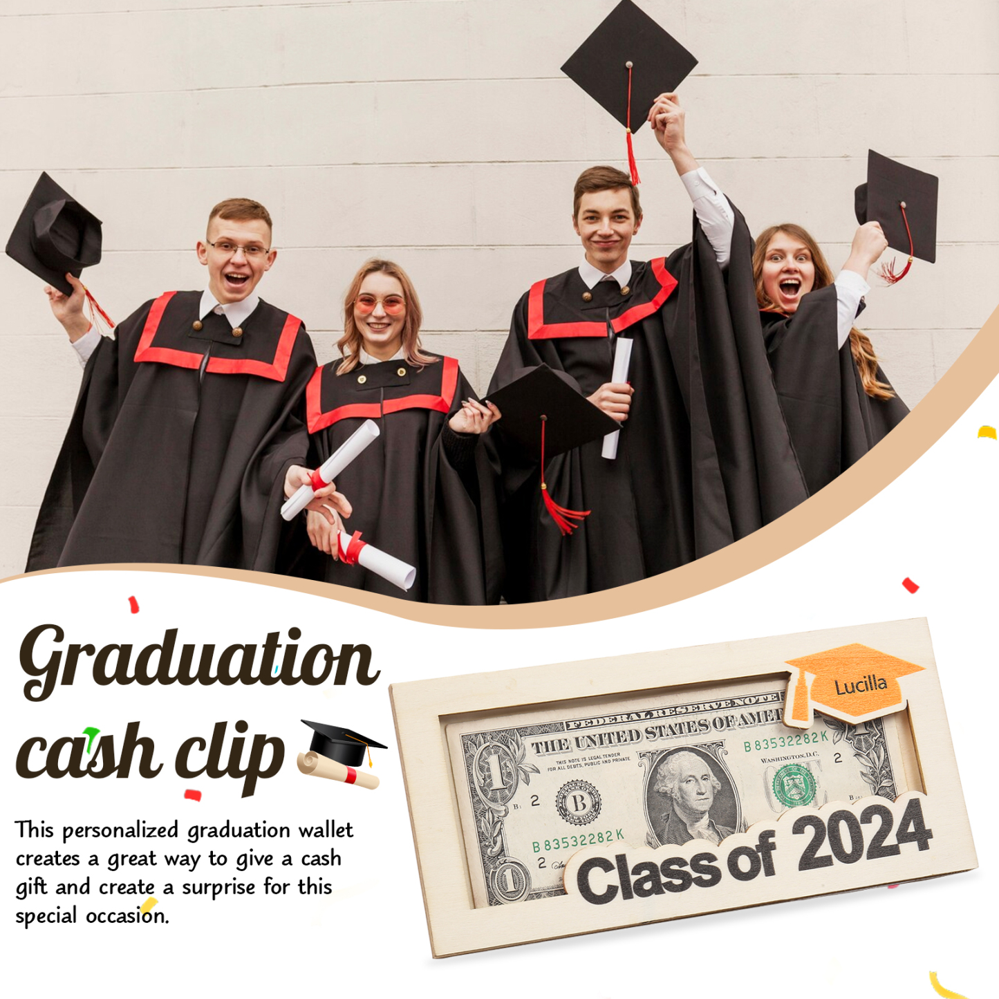 Porte-Cartes Diplômé en bois Prénom et Texte Personnalisés Cadeau de Graduation