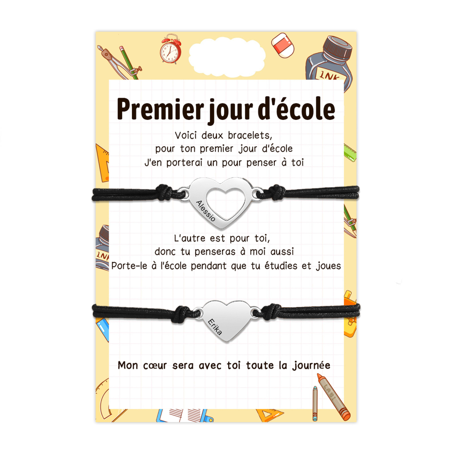 2PCS Bracelets Cœur 2 Prénoms Personnalisés Bracelet en Commun Cadeau Rentrée Scolaire｜Jessemade