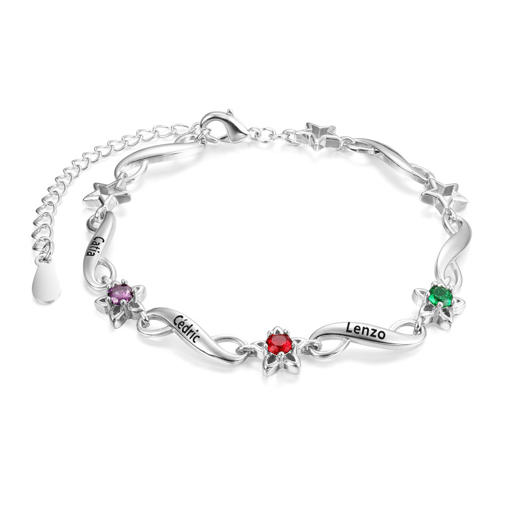 Bracelet infini à Breloque 3 Prénom Personnalisé avec 3 Pierre de Naissance