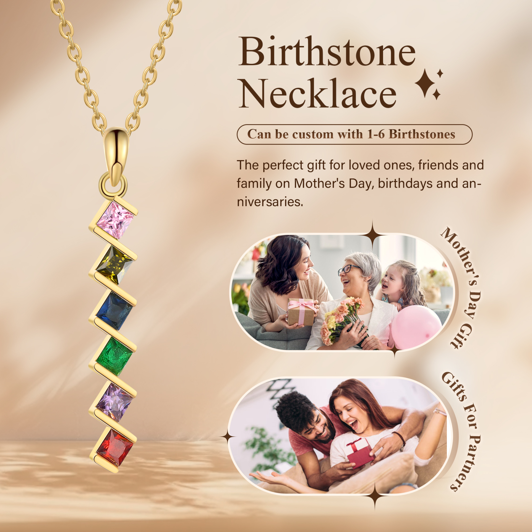 Collier Femmes 6 Pierres de Naissance Personnalisés
