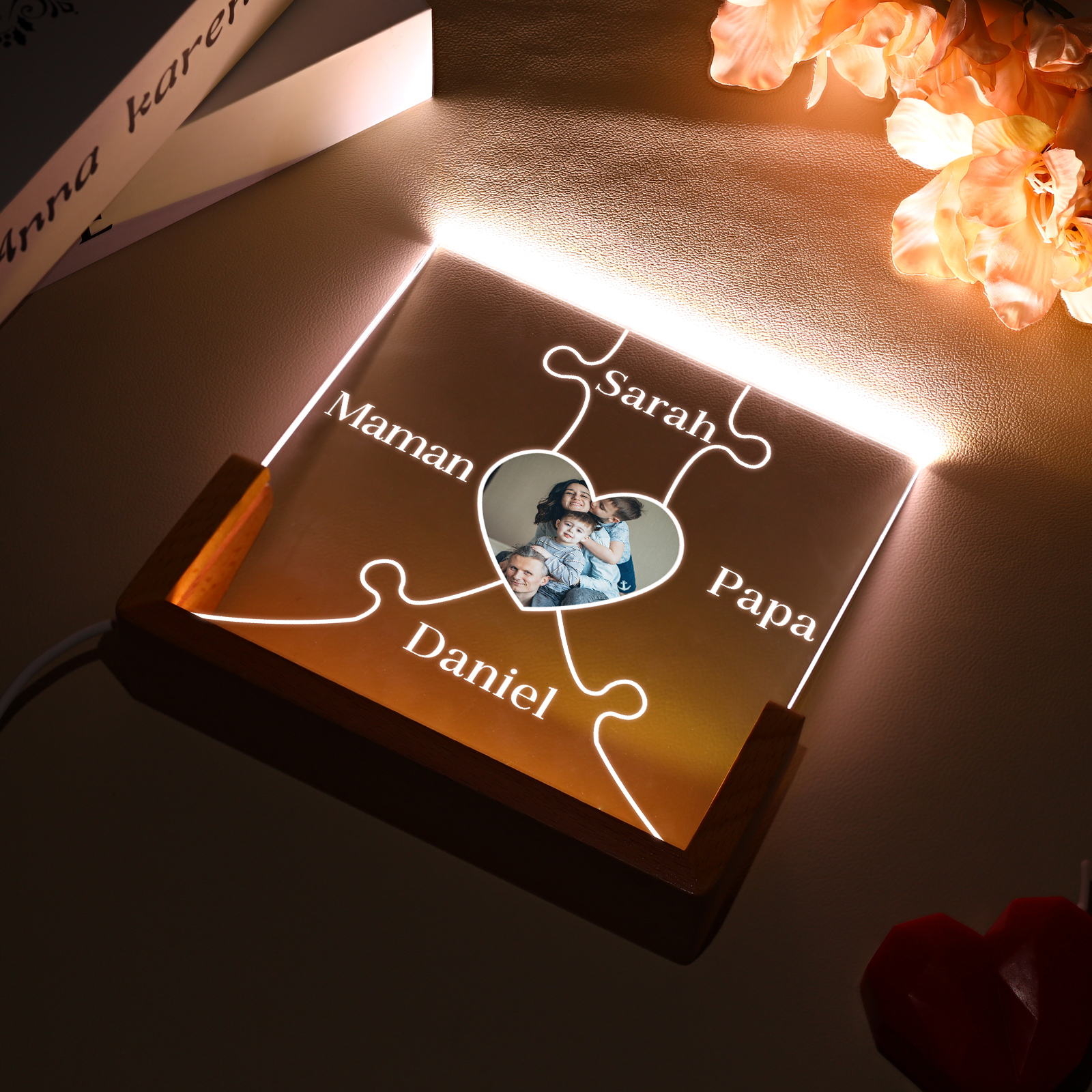 Lampe de chevet LED Puzzles 4 Prénoms Personnalisés avec Photo pour Famille