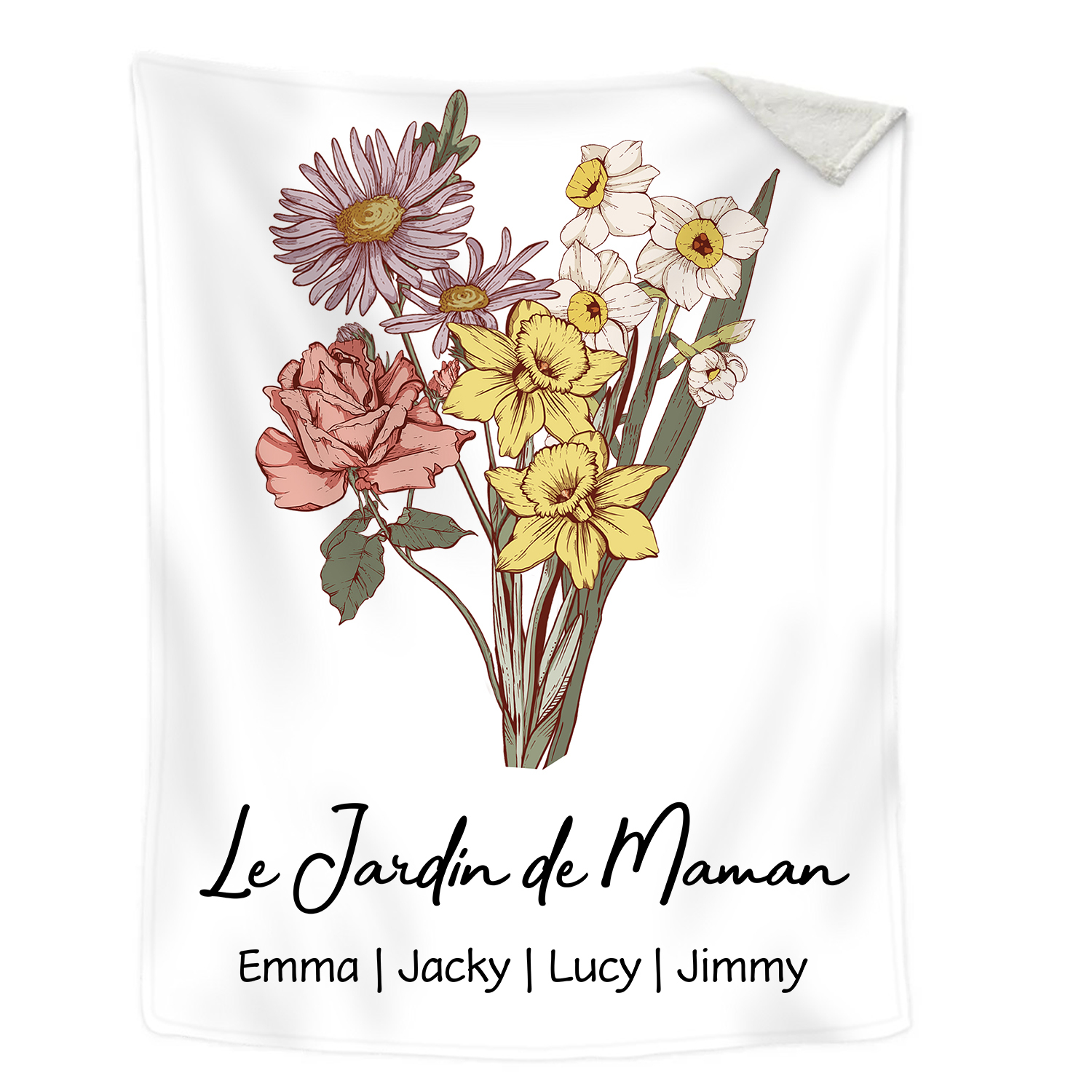 À ma Maman - Plaid Personnalisé avec 4 Prénoms et Fleurs de Naissance Couverture en Flanelle Blanc/Rose le jardin de Maman | Jessemade