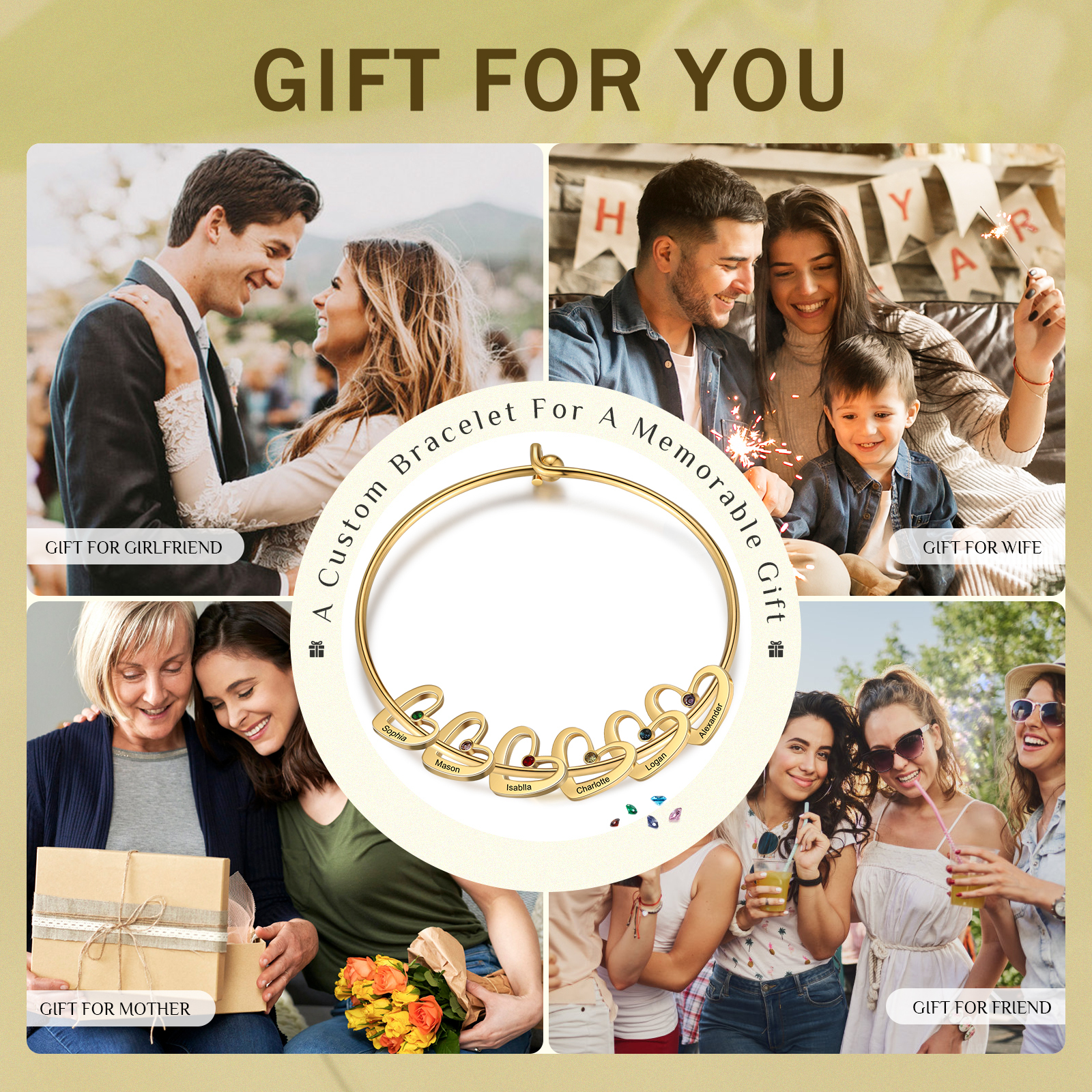 2PCS Coffret Cadeau À Maman - Collier Pendentif Arbre de vie Arbre et Bracelet Pierre Personnalisé avec 6 Prénoms et Pierres de Naissance | Jessemade