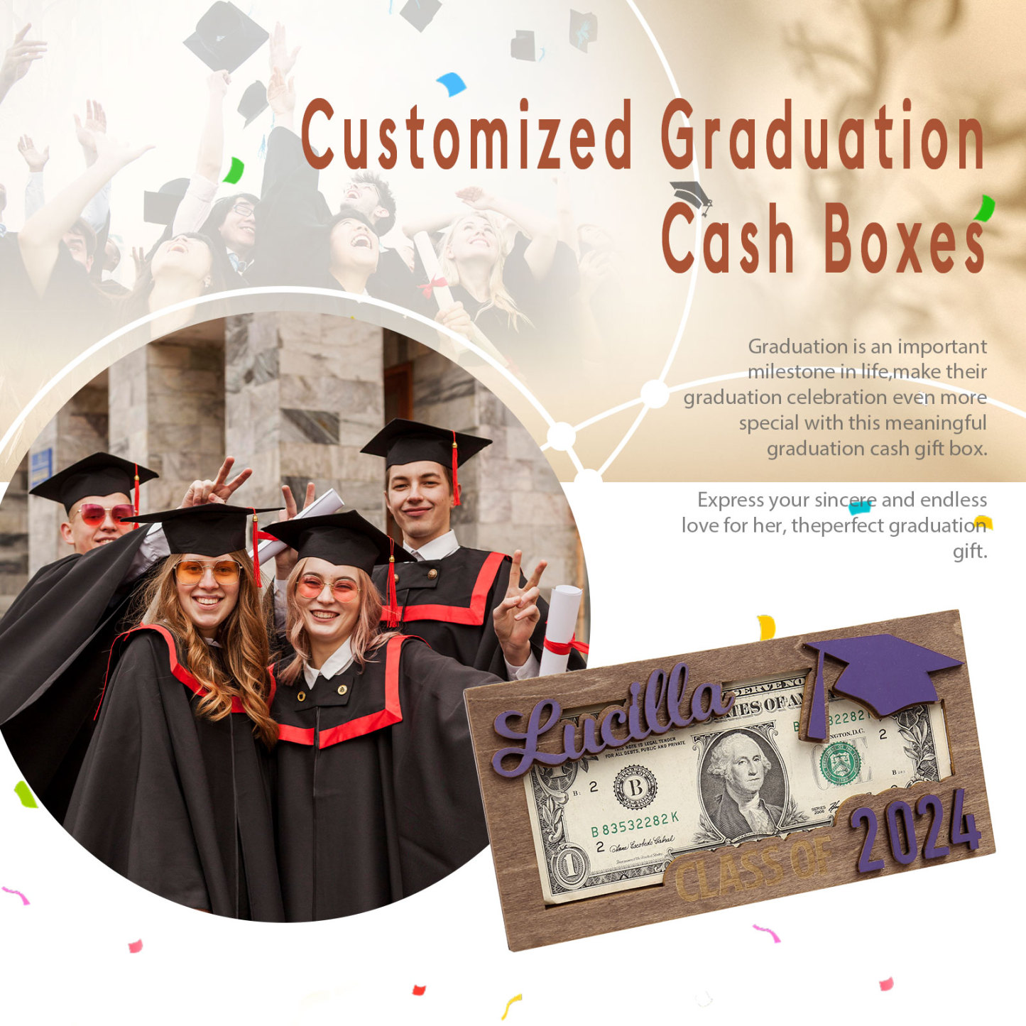 Porte-Cartes Diplômé en bois Prénom et Texte Personnalisés Cadeau de Graduation