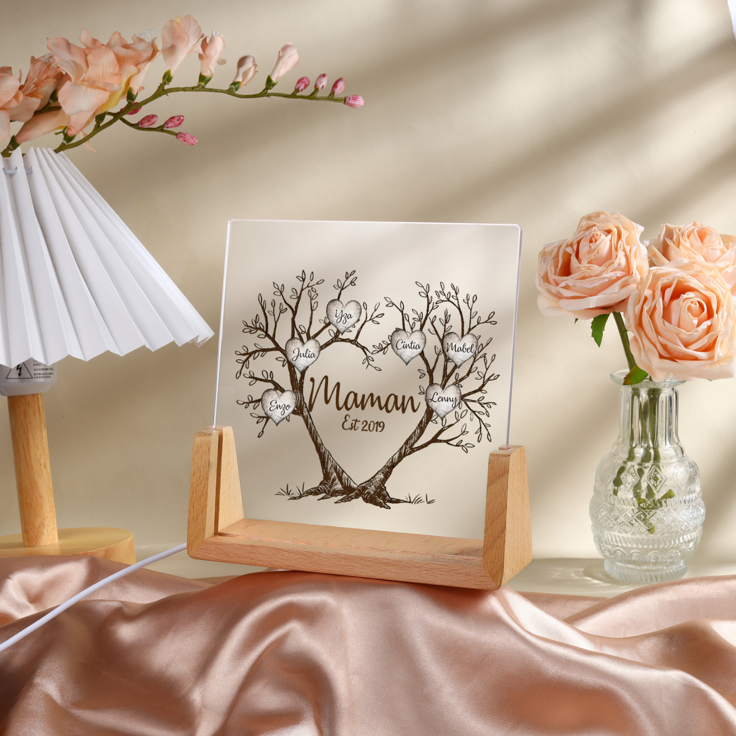 À Maman/Mamie - Lampe de chevet LED Arbre de Vie 6 Prénoms Personnalisés avec Texte et Date pour Famille