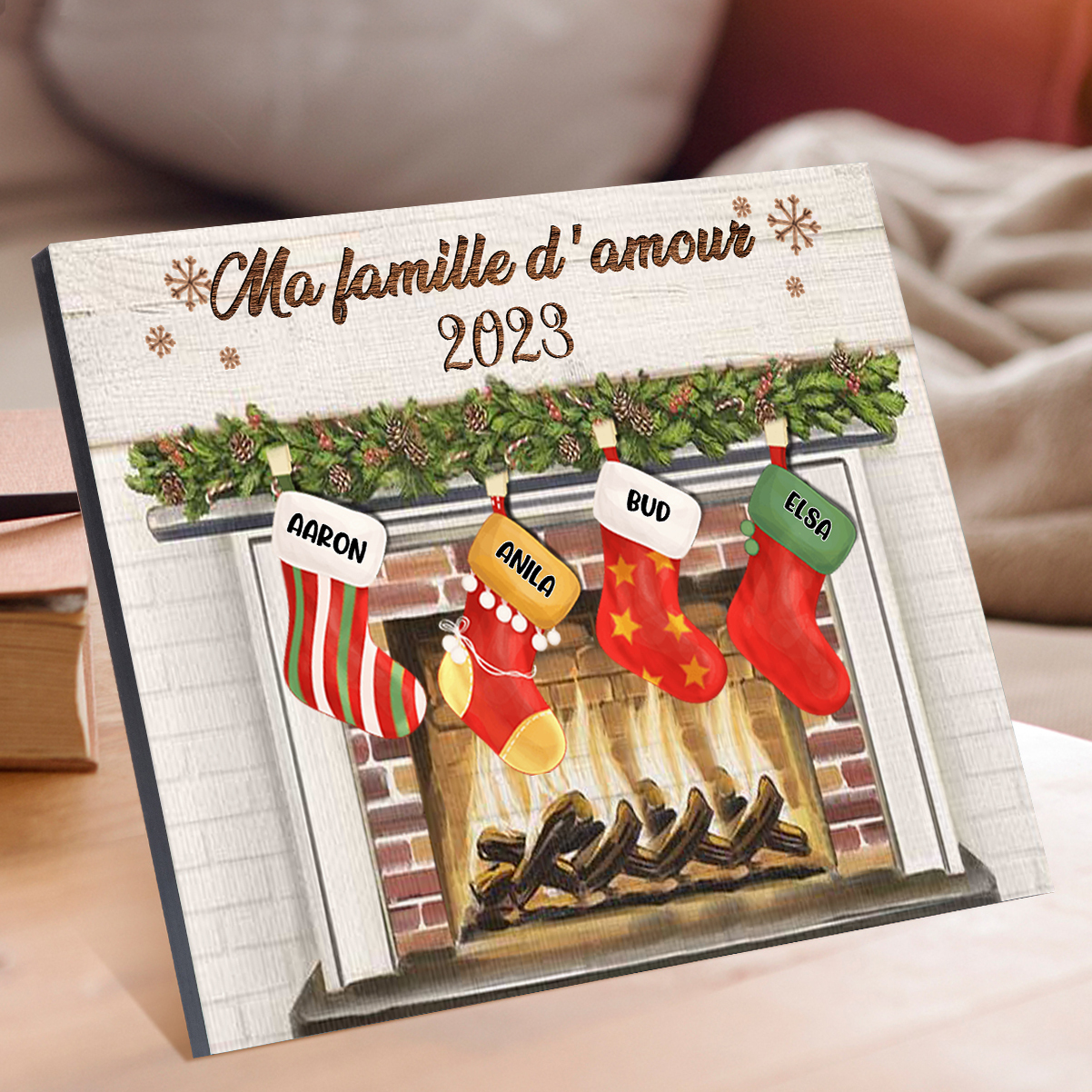 À ma Famille - Cadre en Bois de Noël 4 Prénoms Personnalisés avec Texte | Jessemade