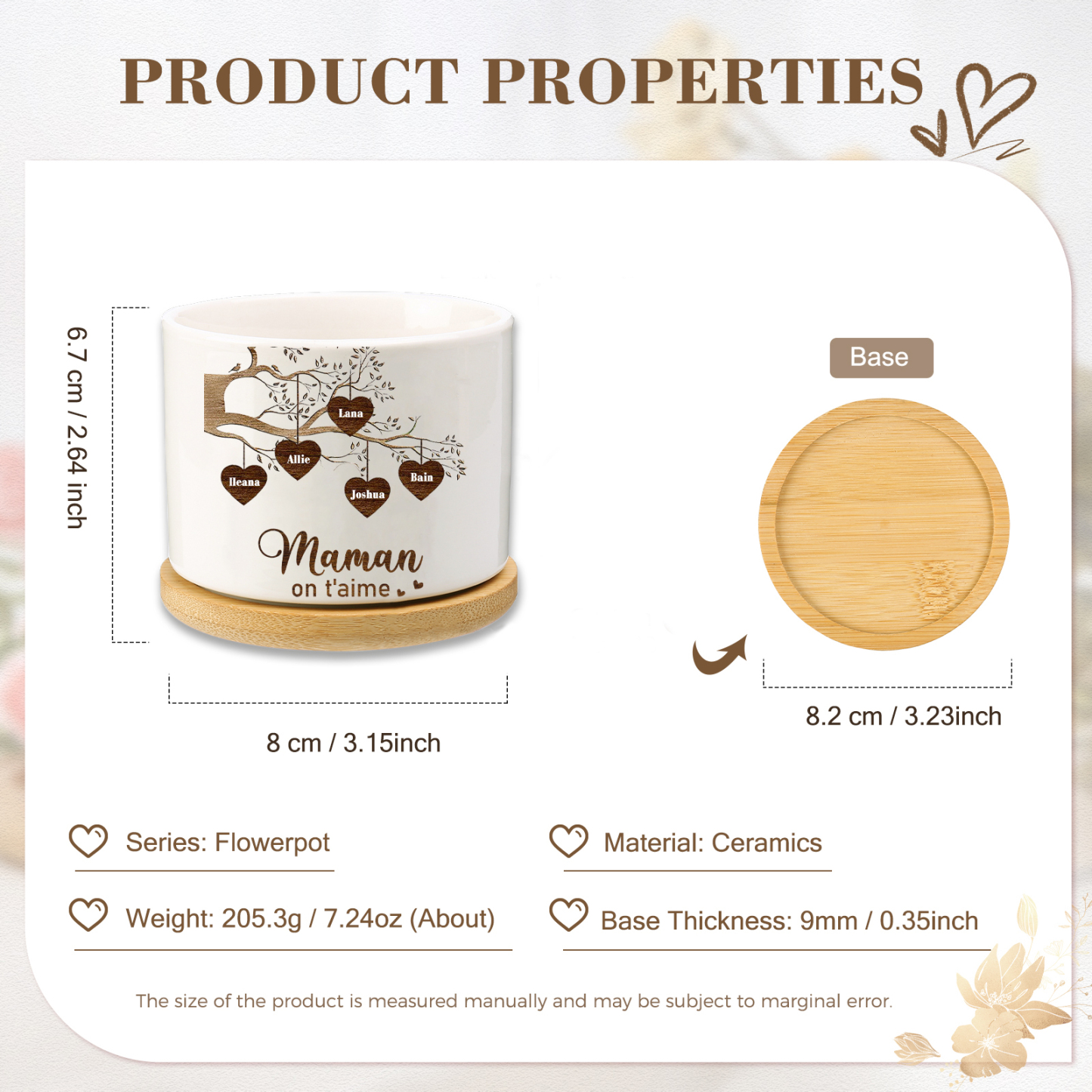 Vase/Pot de Fleurs Arbre de vie 5 Prénoms Personnalisés avec Texte Décoration de la Maison (sans plantes)