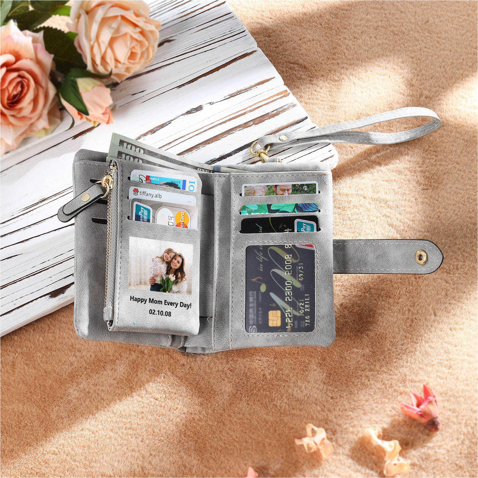 Portefeuille Fleur 1 Prénom et Lettre Personnalisés avec Photo et Texte Porte-Monnaie Carte pour Femmes