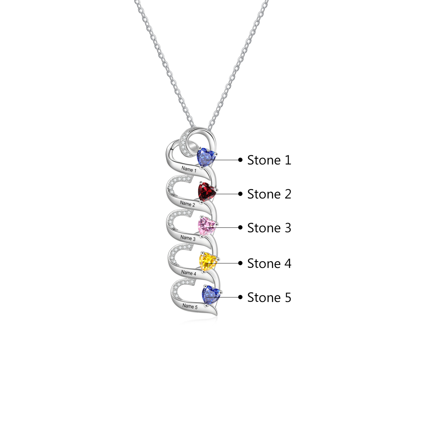 Collier Pendentif Cœur 5 Prénoms Personnalisés avec Pierre de naissance pour Femmes