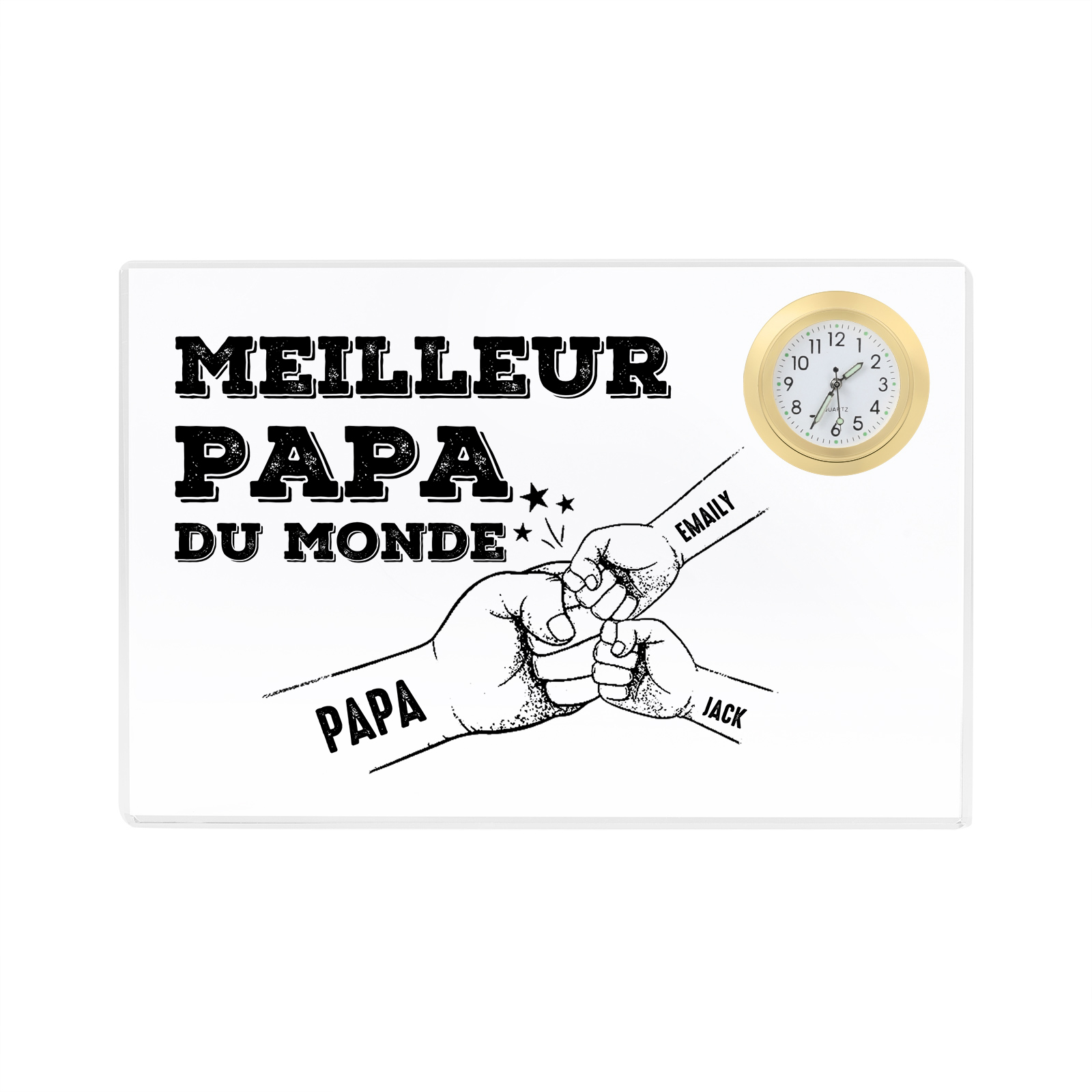 À mon Papa - Plaque Acrylique rectangle avec Horloge Poings 3 Prénoms Personnalisés