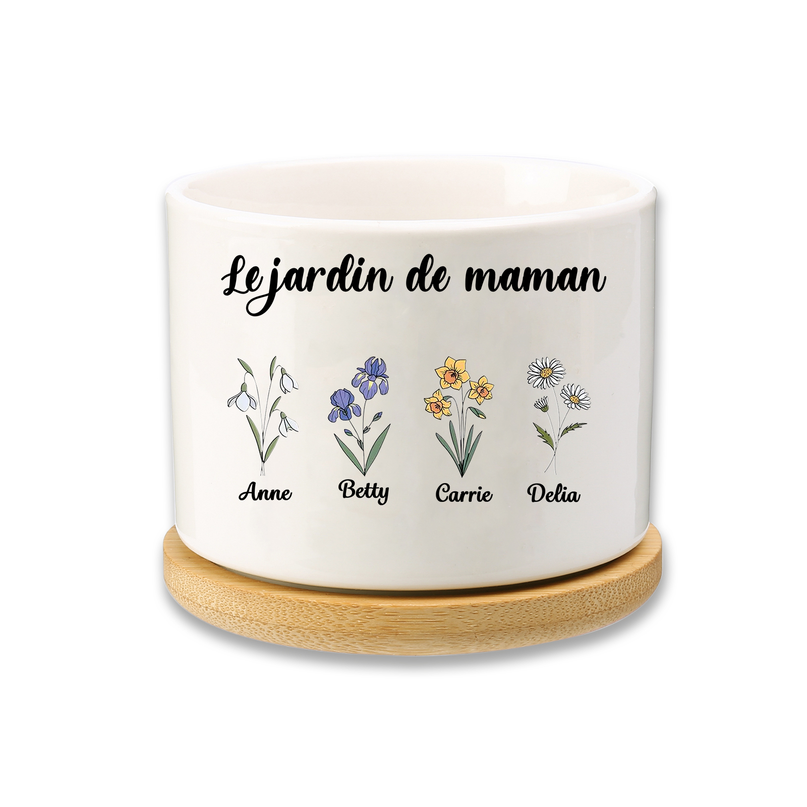 Vase/Pot de Fleurs 4 Prénoms et 1 Texte Personnalisés avec Fleur de Naissance Décoration de la Maison (sans plantes)