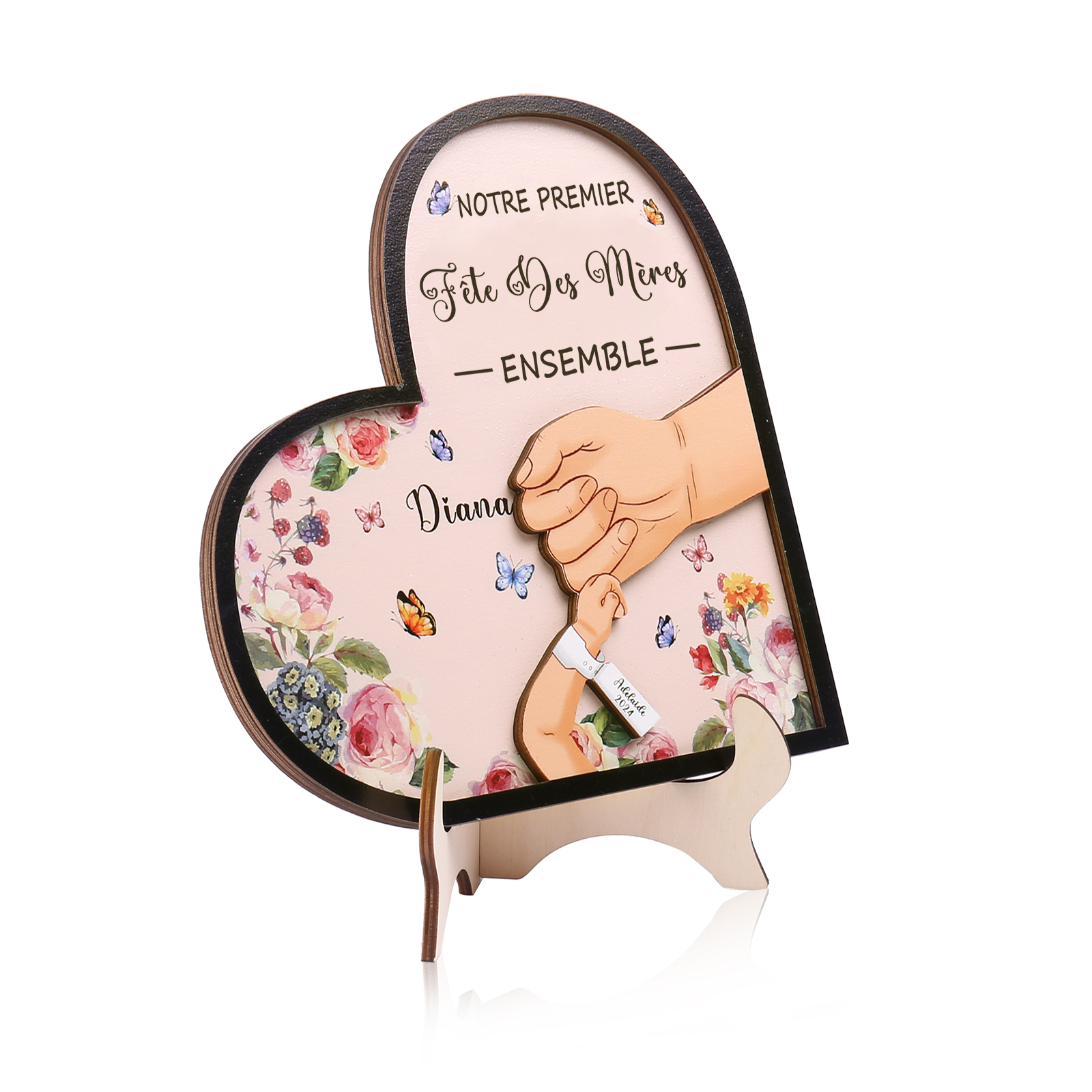 À Maman - Décoration en bois Mains 2 Prénoms et Personnalisés avec Années Ornement Famille Notre Premier Fête des Mères