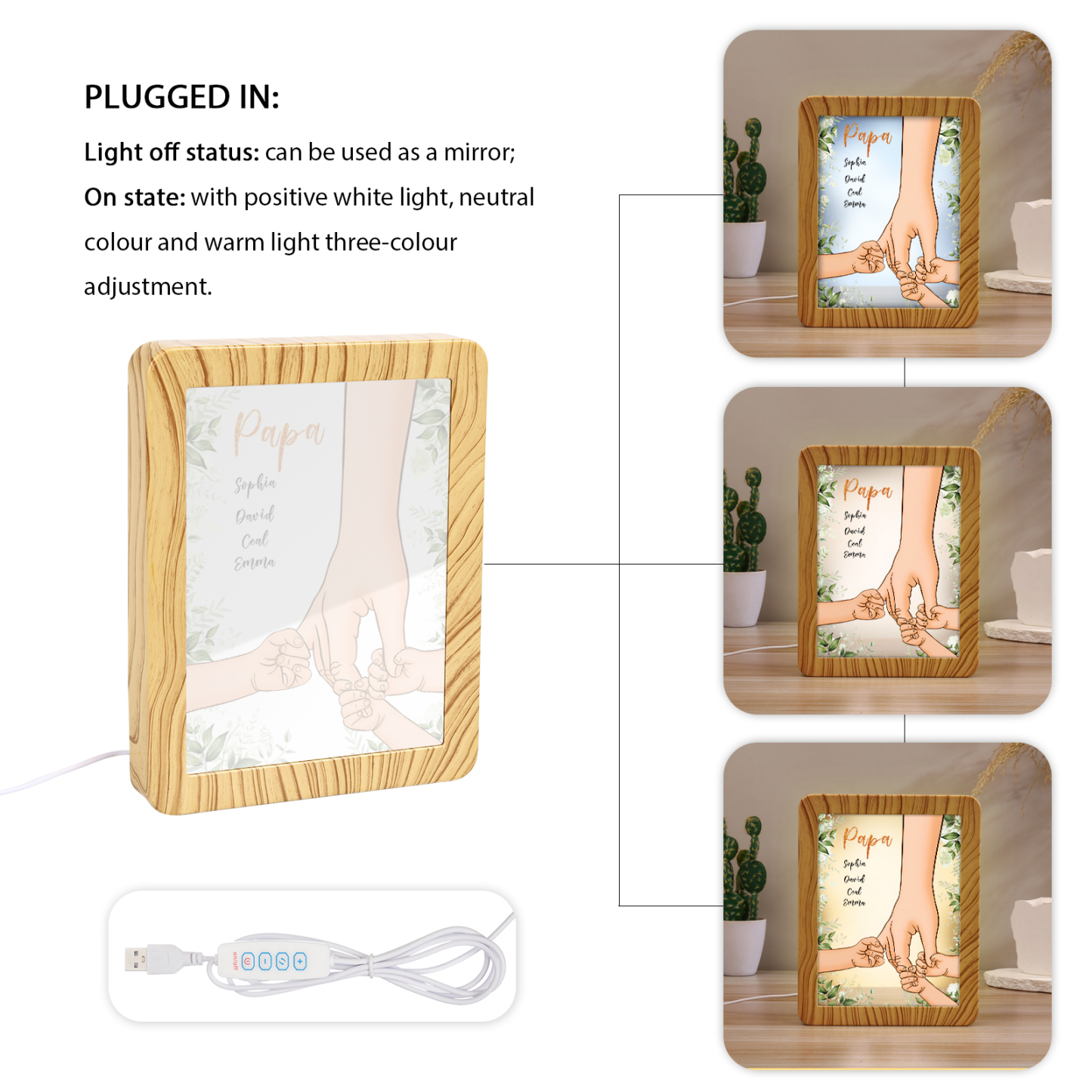 Lampe LED/Cadre Photo/Miroir multifonctionnel la main dans la main 4 Prénoms et 1 Tetxe Personnalisés Cadeau Créatif pour Famille