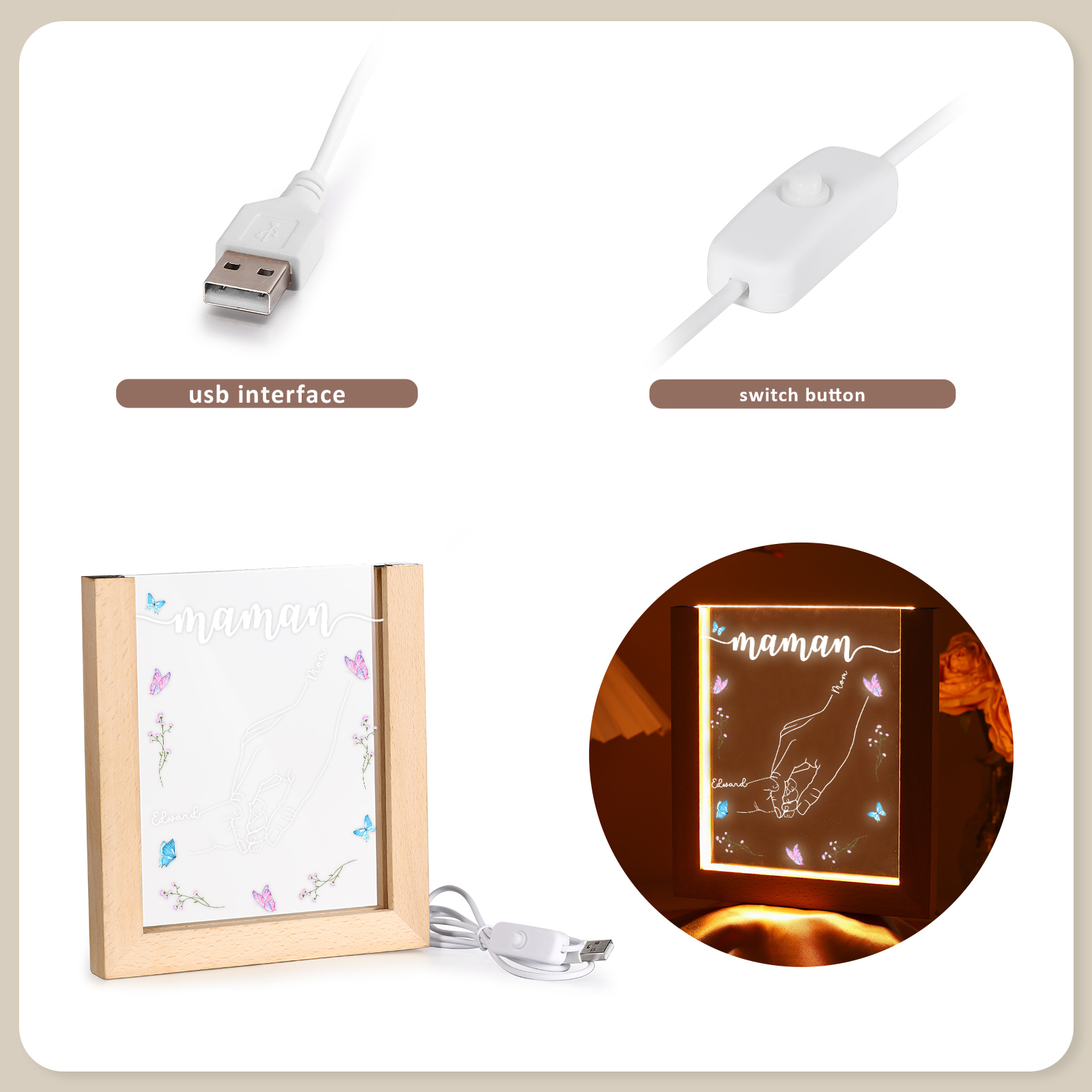 À Maman/Mamie - Lampe de chevet LED la Main dans la Main 2 Prénoms Personnalisés avec 1 Texte