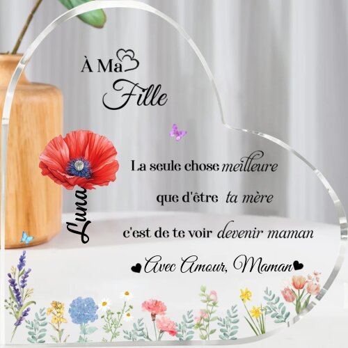 À ma Fille - Plaque Acrylique Cœur personnalisé avec 1 Prénom, Fleur de naissance et Texte Déco de Maison | Jessemade