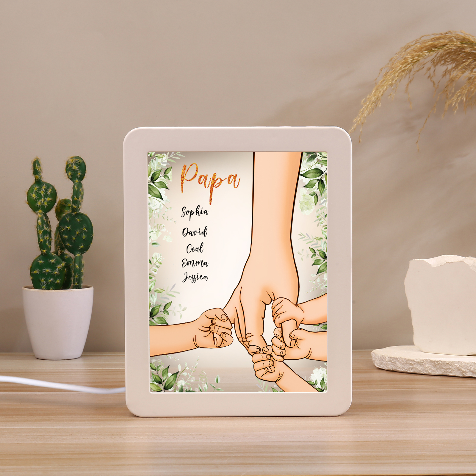 Lampe LED/Cadre Photo/Miroir multifonctionnel la main dans la main 5 Prénoms et 1 Tetxe Personnalisés Cadeau Créatif pour Famille