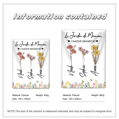 À ma Maman - Plaid Personnalisé 3 Prénoms Personnalisés avec Fleurs de Naissance Couverture le jardin de Maman en Flanelle Blanc ou Rose | Jessemade