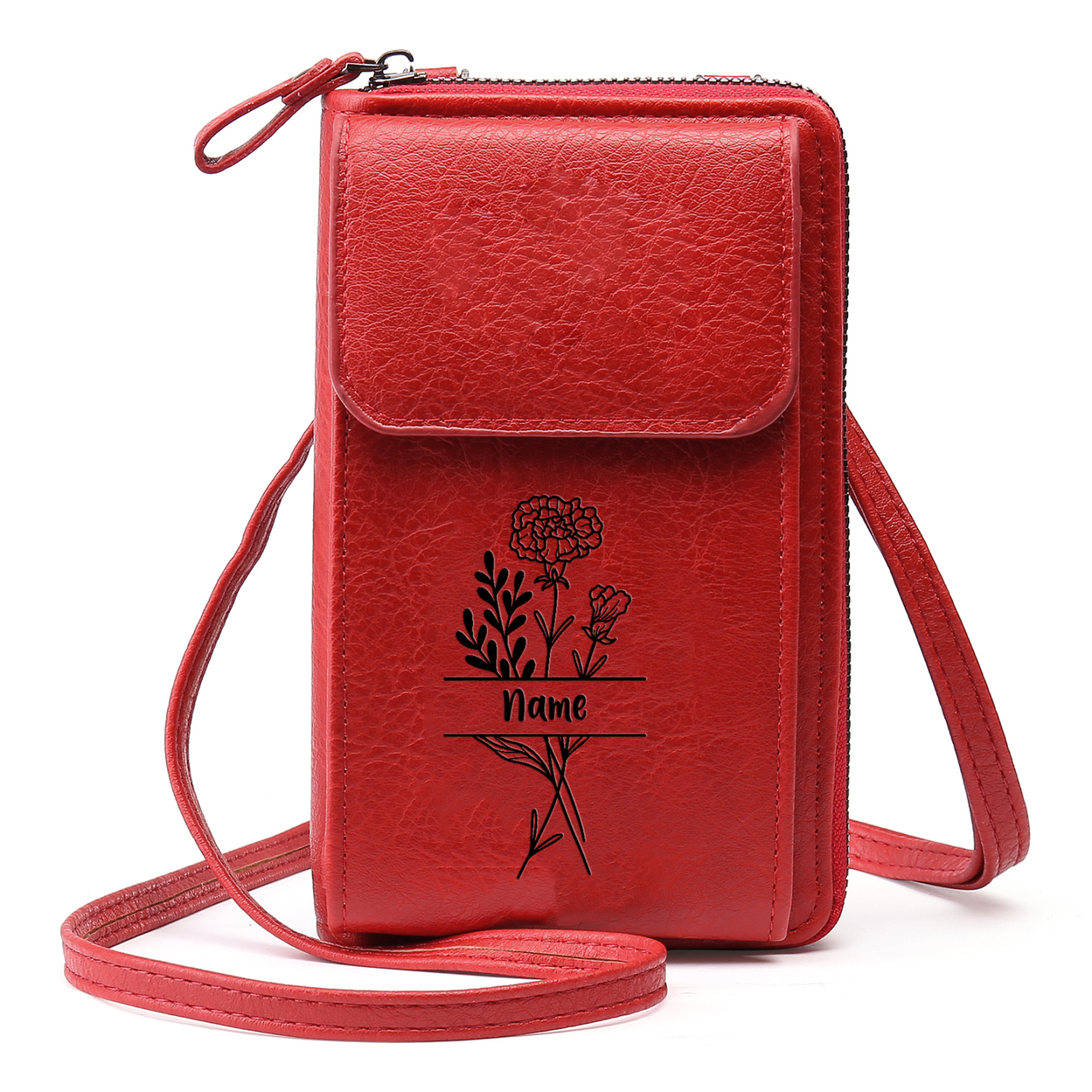 Portefeuille/Sac Bandoulière Femmes 1 Prénom et Fleur de Naissance Personnalisés
