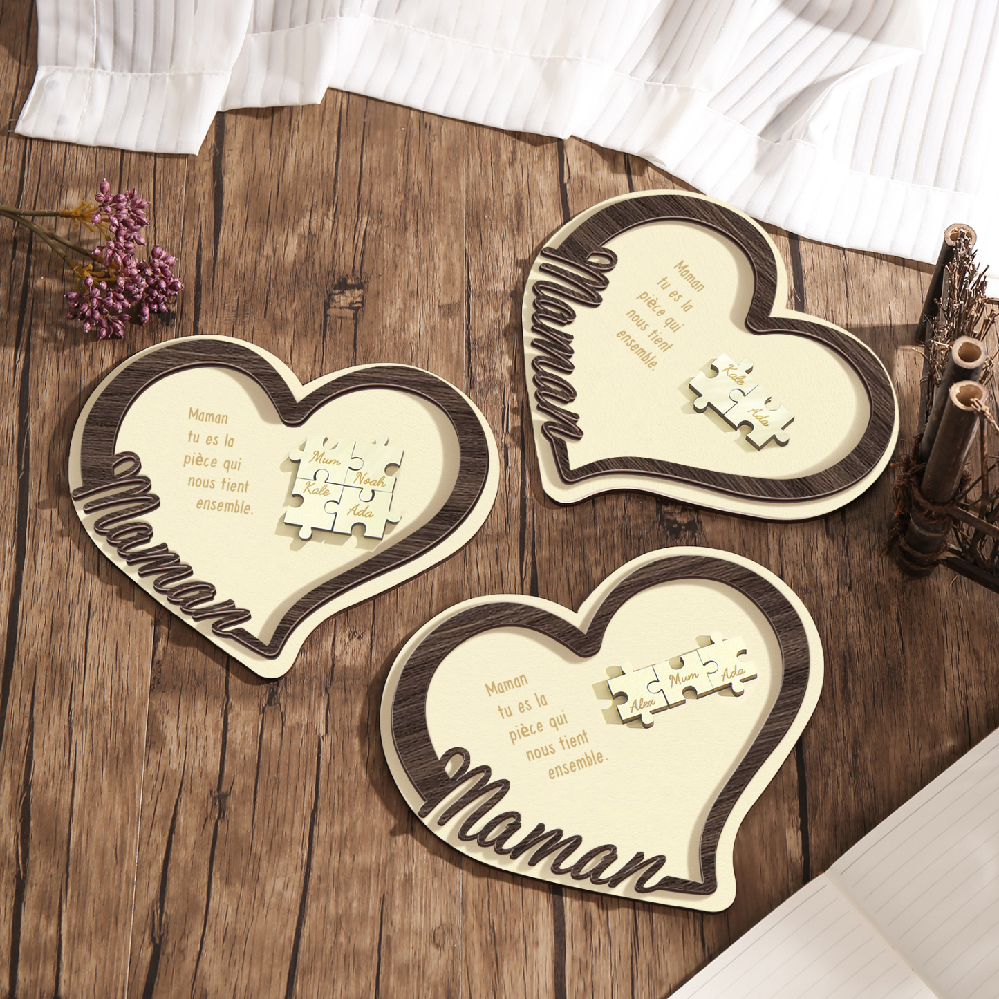 À ma Maman - Décoration en bois Cœur Puzzle 4 Prénoms Personnalisés Ornement pour Famille