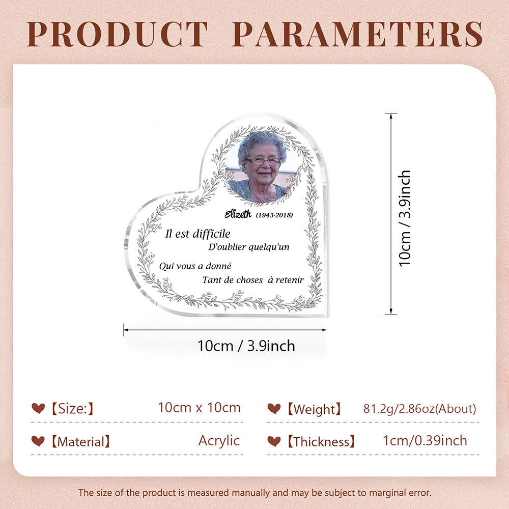 Plaque Acrylique Commémorative en Forme de Cœur Plaque Funéraire 1 Prénom Personnalisé avec Années