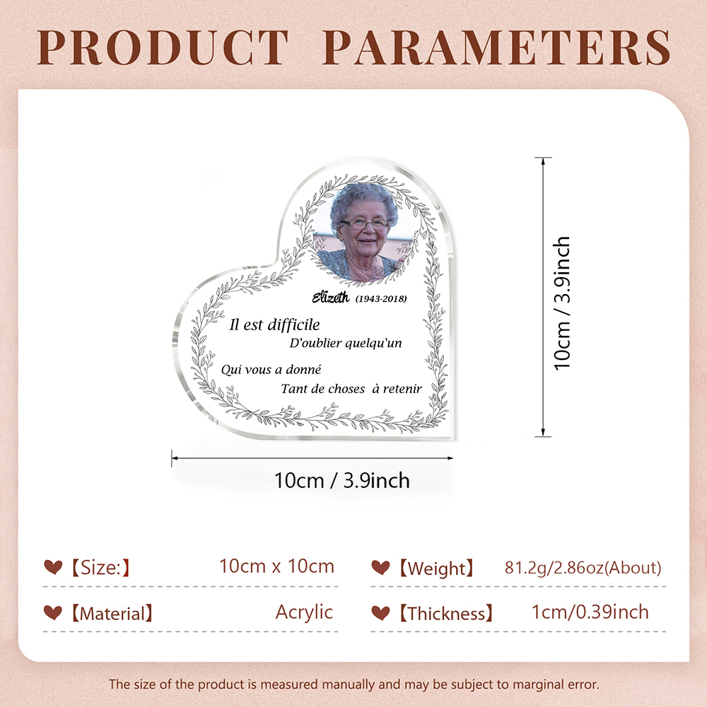 Plaque Acrylique Commémorative en Forme de Cœur Plaque Funéraire 1 Prénom Personnalisé avec Années