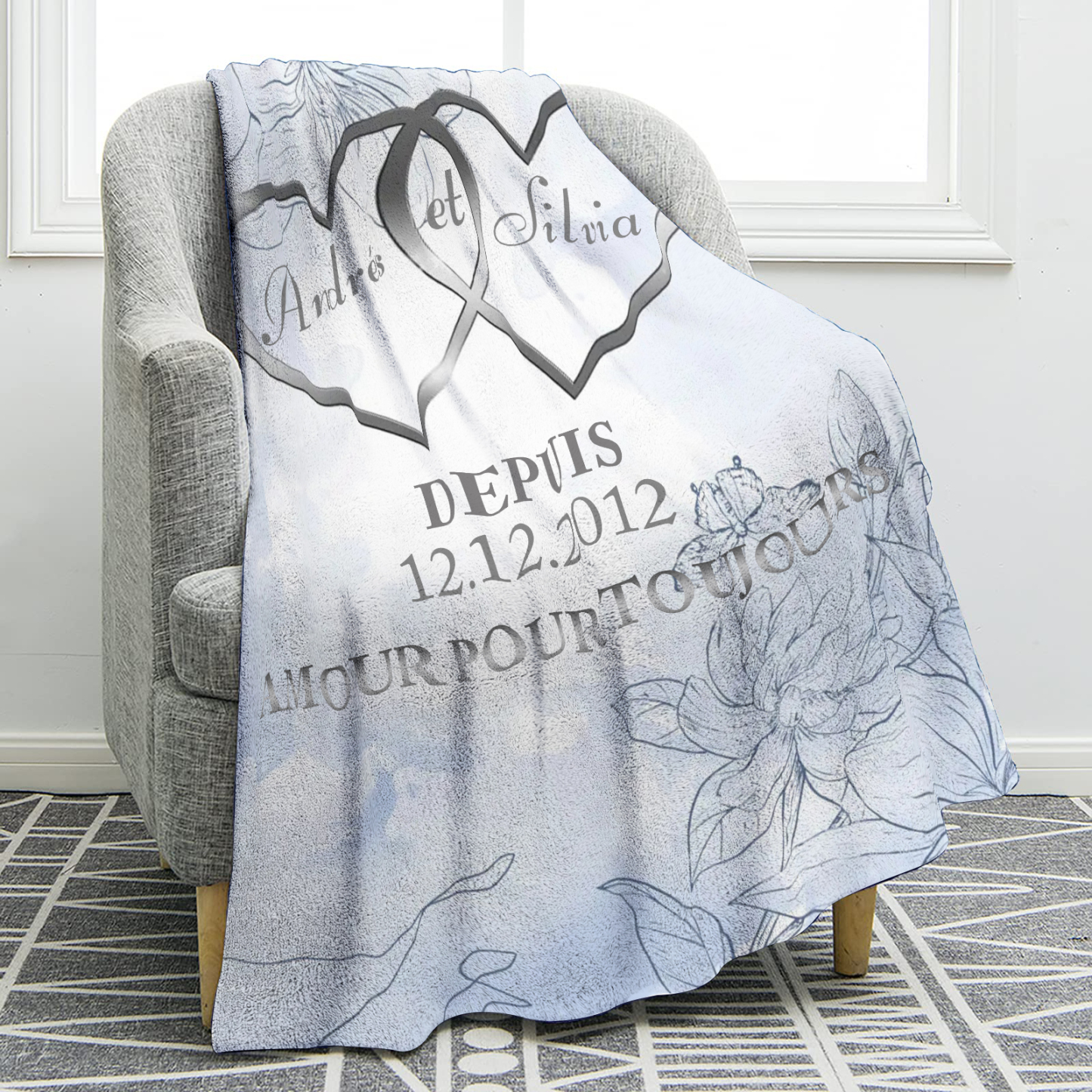 Couverture Plaids Polaire 2 Prénoms Personnalisés avec Date et Texte pour Couple | Jessemade